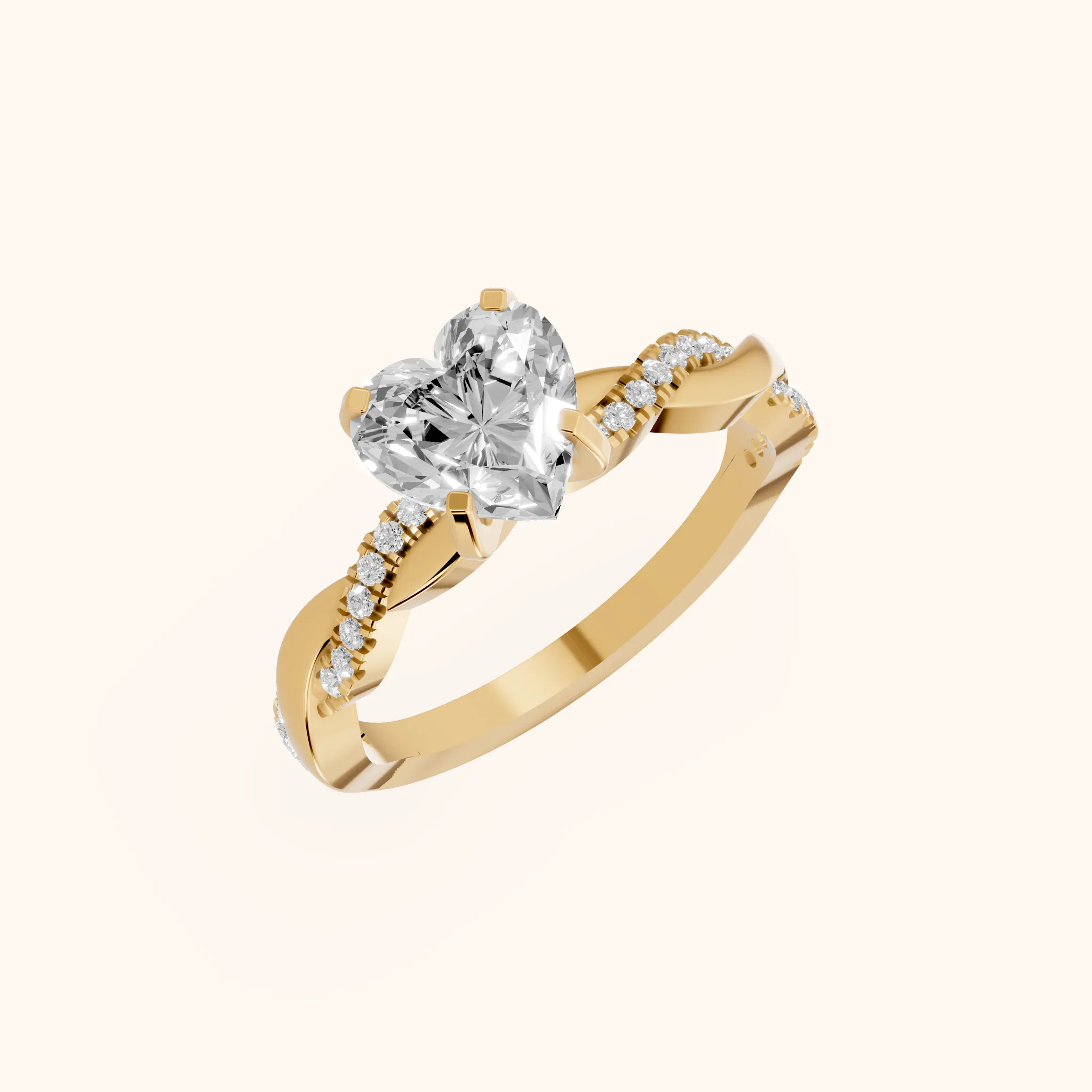 Bague de fiançailles en or jaune avec cœur diamant et pierres latérales torsadées