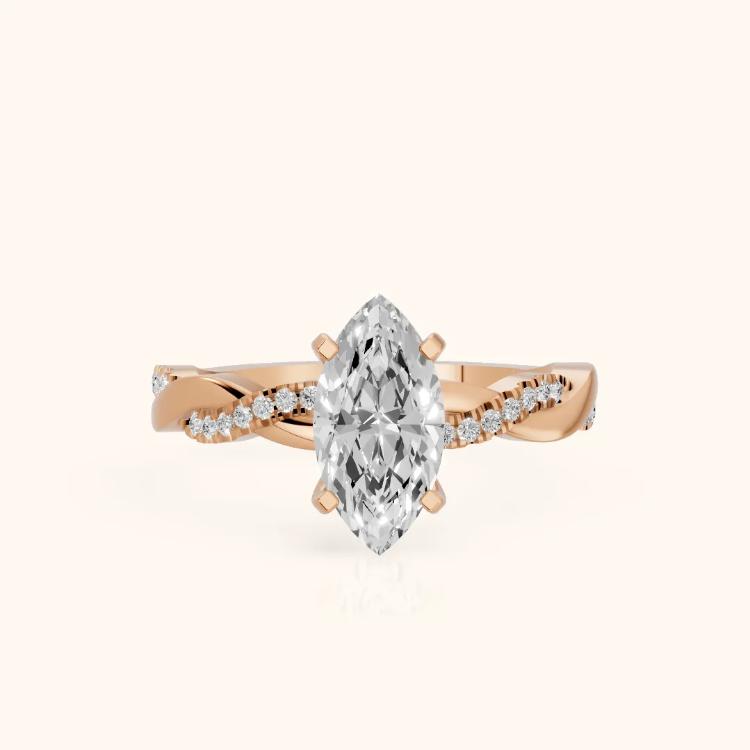 Bague de fiançailles en or rose avec diamant marquise et pavé torsadé