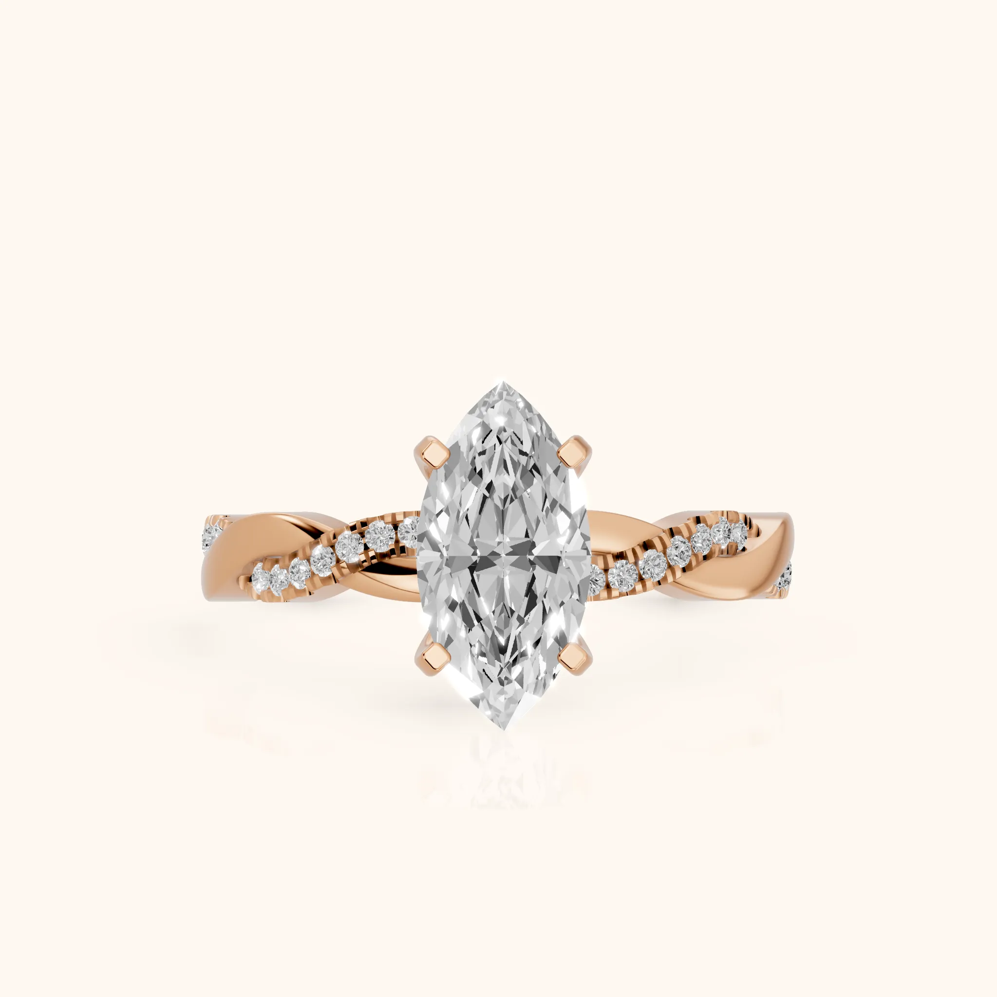 Bague de fiançailles en or rose avec diamant marquise et pavé torsadé — view 1