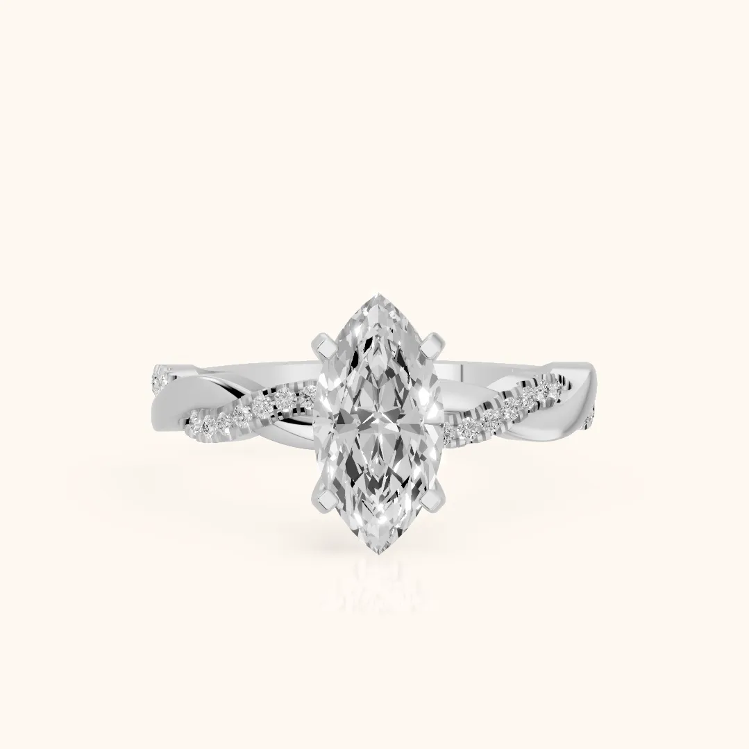 Bague de fiançailles en argent avec diamant marquise et pierres latérales torsadées