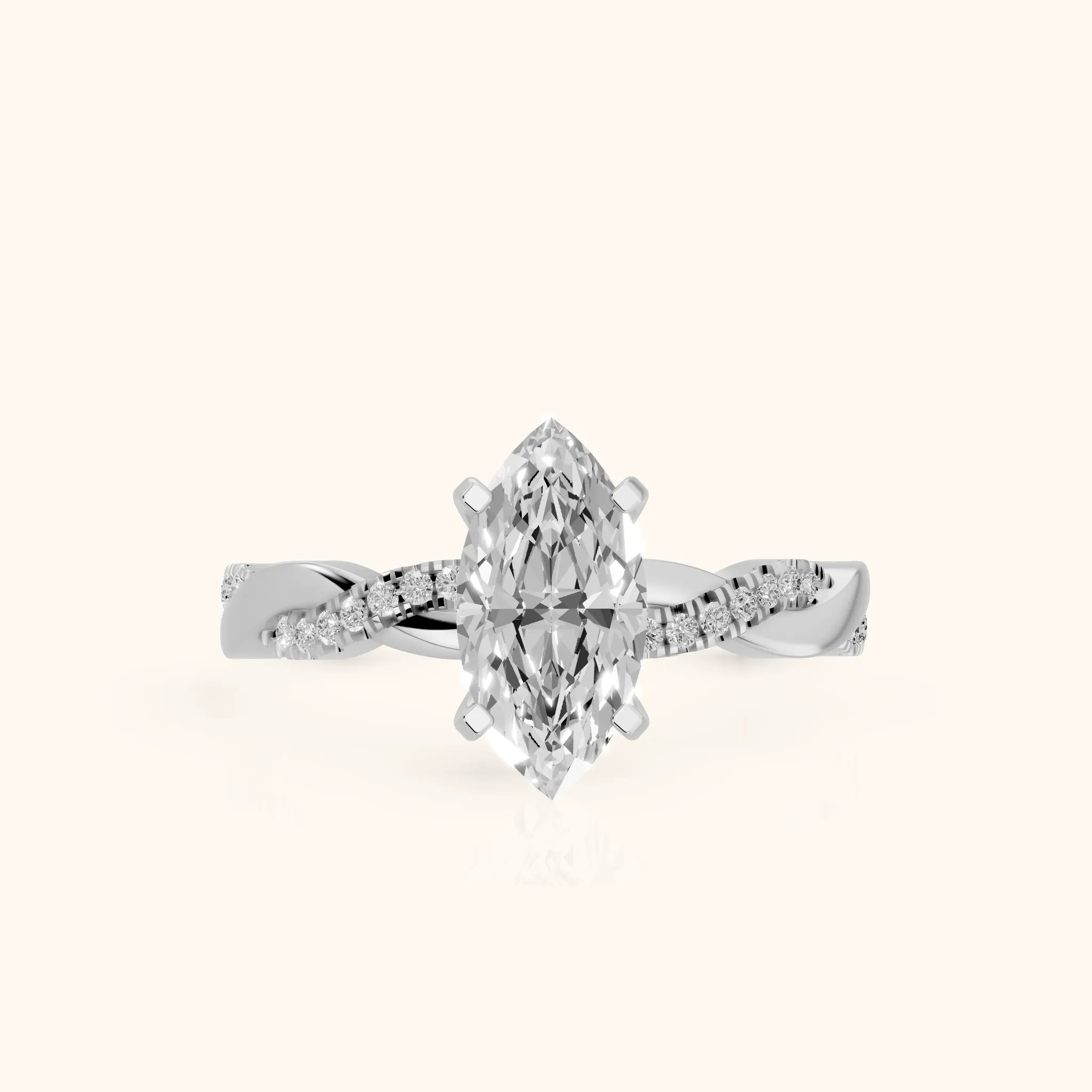 Bague de Fiançailles en Platine, Diamant Marquise avec Pierre Latérale Torsadée — view 1
