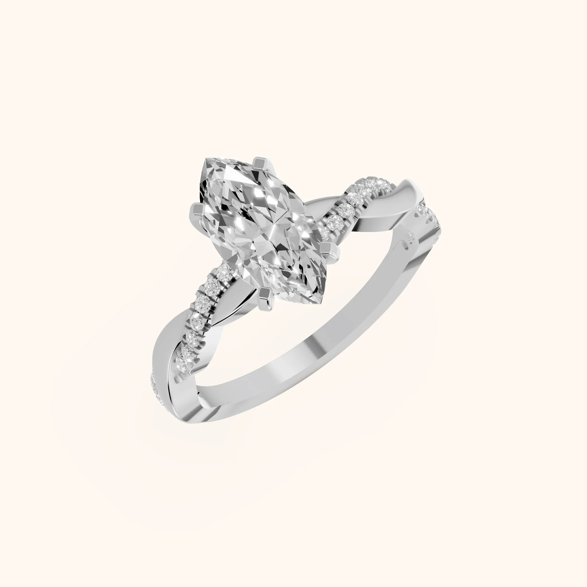Bague de fiançailles en argent avec diamant marquise et pierres latérales torsadées
