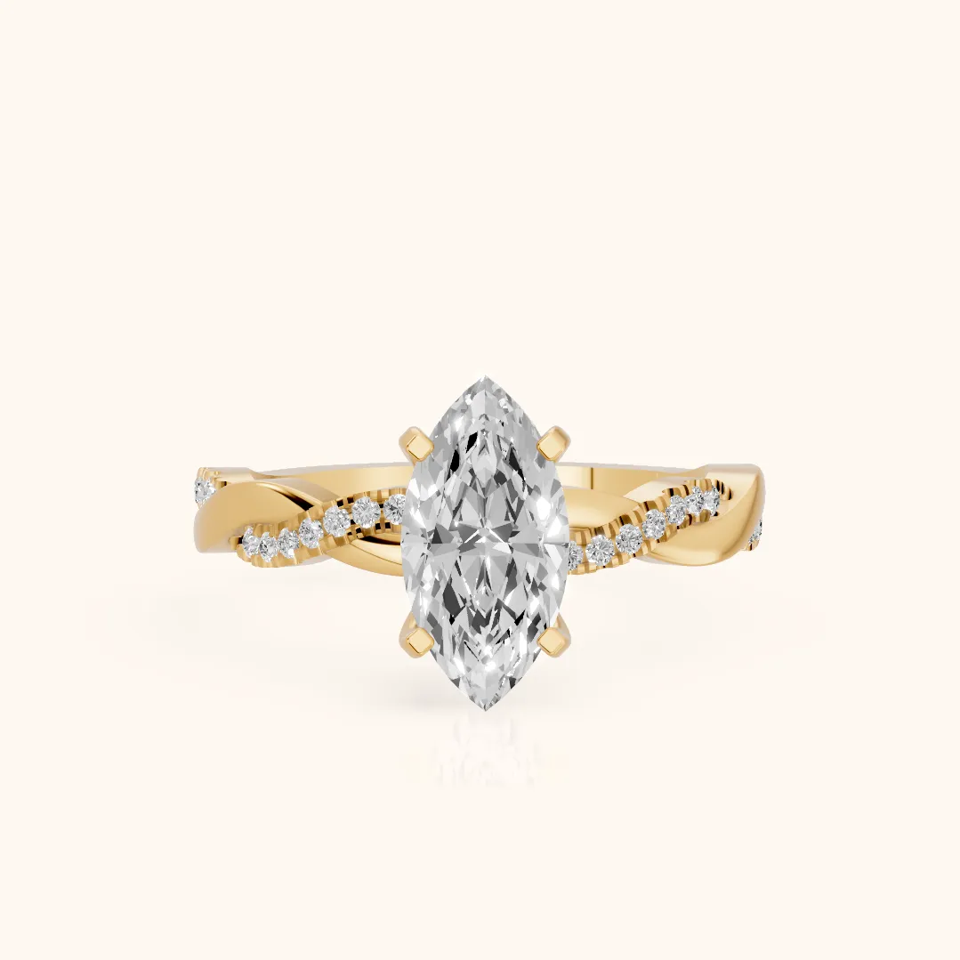 Bague de Fiançailles Diamant Marquise avec Pierre Latérale Torsadée en Or Jaune
