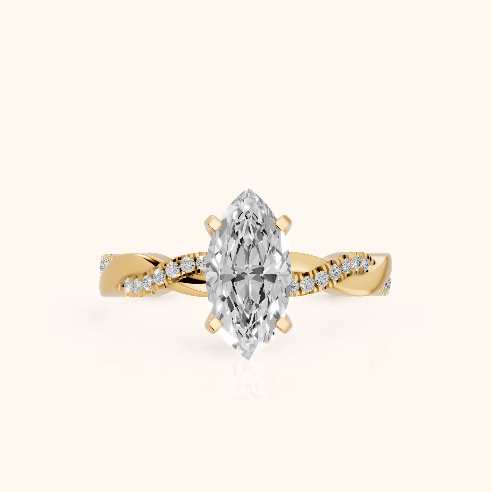 Bague de Fiançailles Diamant Marquise avec Pierre Latérale Torsadée en Or Jaune — view 1