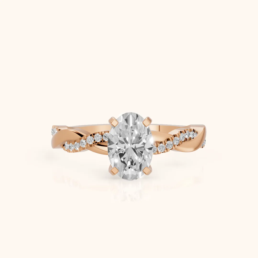 Bague de Fiançailles Ovale Diamant avec Pierres Latérales Entrelacées en Or Rose