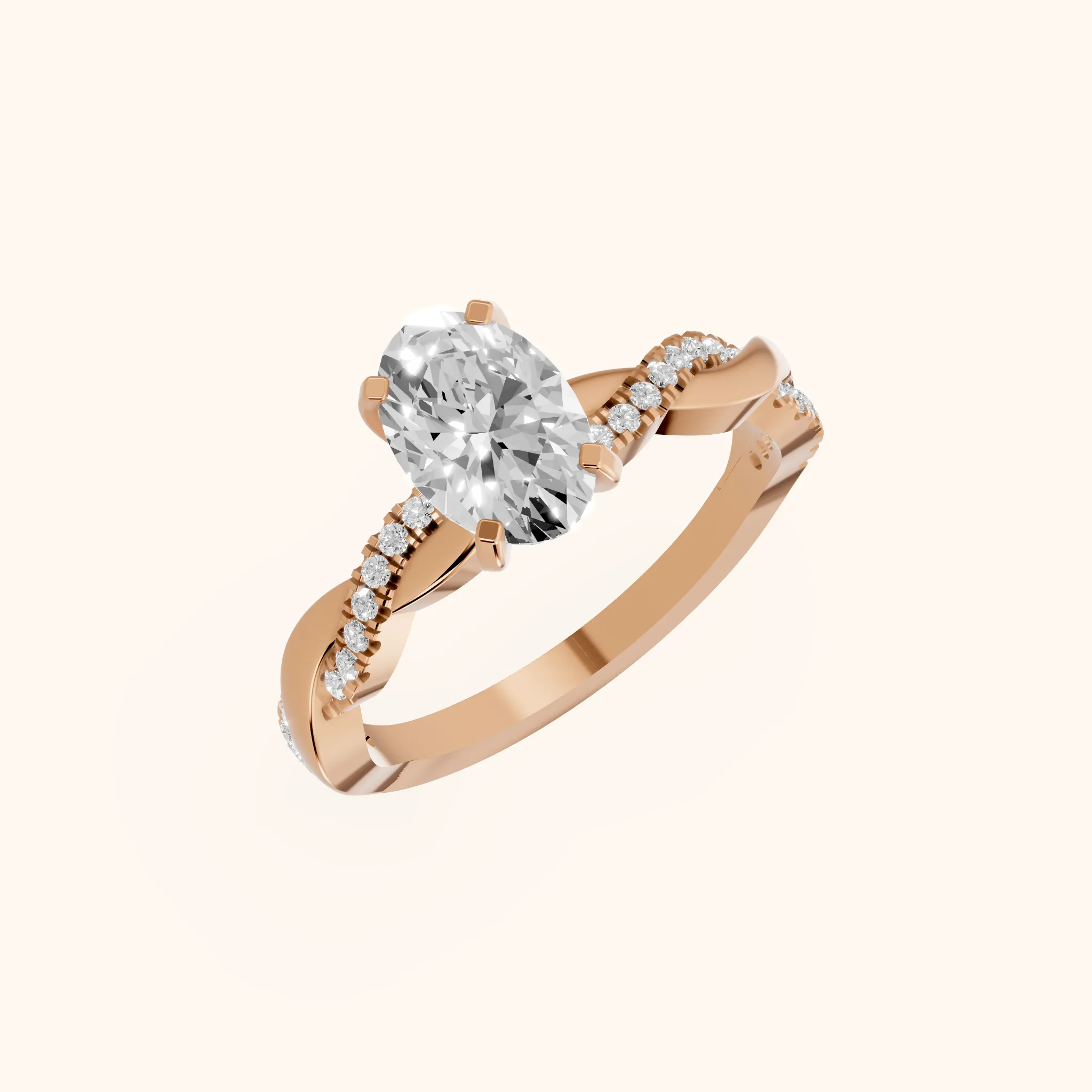Bague de Fiançailles Ovale Diamant avec Pierres Latérales Entrelacées en Or Rose