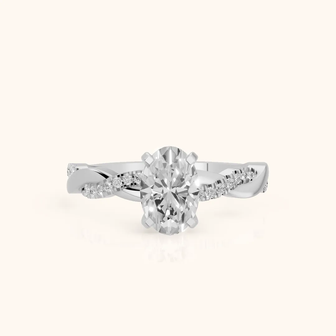 Bague de fiançailles en argent avec diamant ovale et pierres latérales torsadées