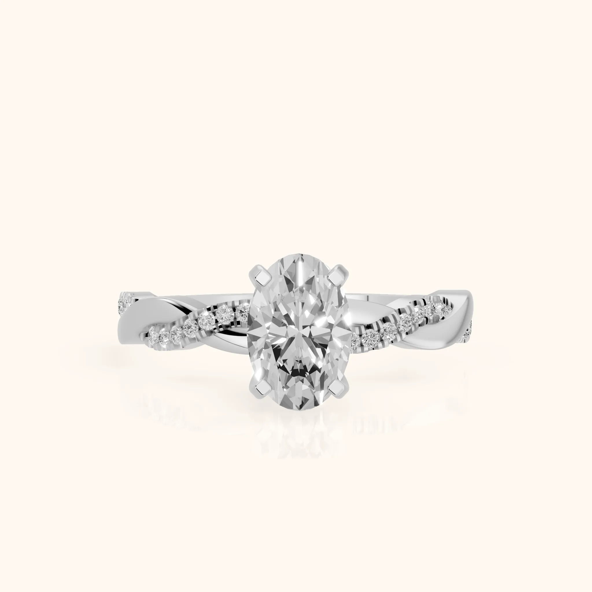 Bague de fiançailles en platine avec diamant ovale et pierres latérales torsadées — view 1