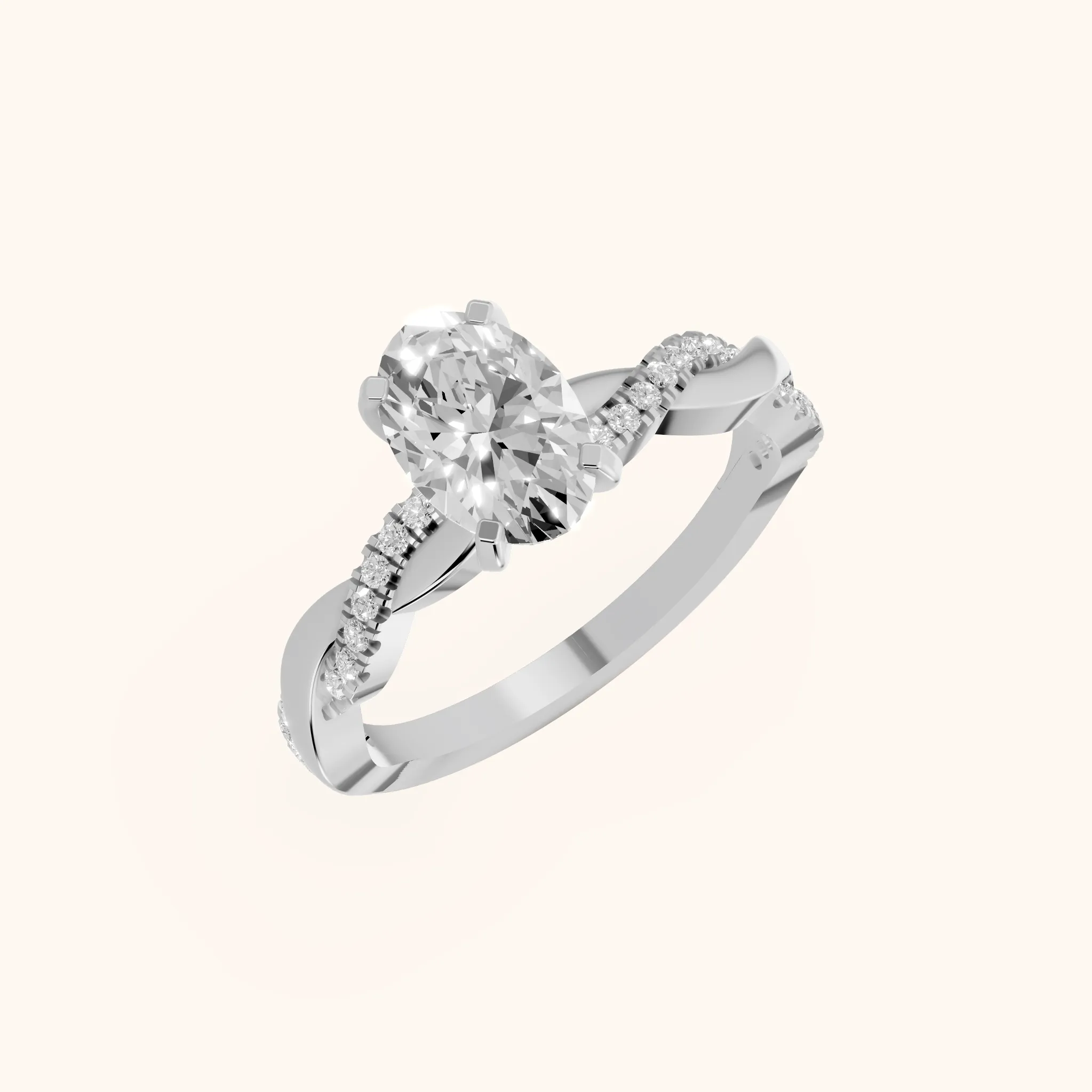 Bague de fiançailles en argent avec diamant ovale et pierres latérales torsadées