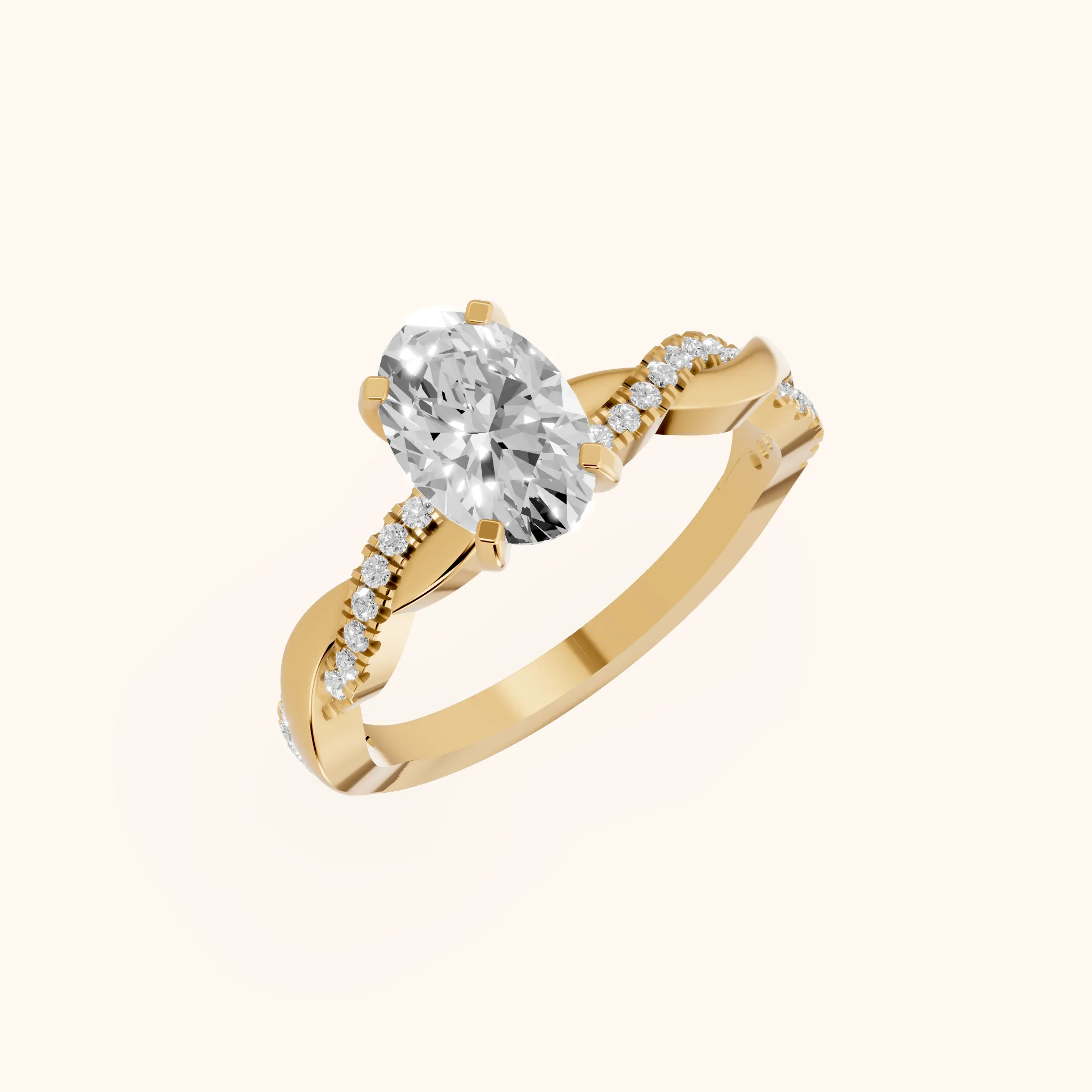 Bague de Fiançailles Ovale Diamant avec Pierres Latérales Entrelacées en Or Jaune