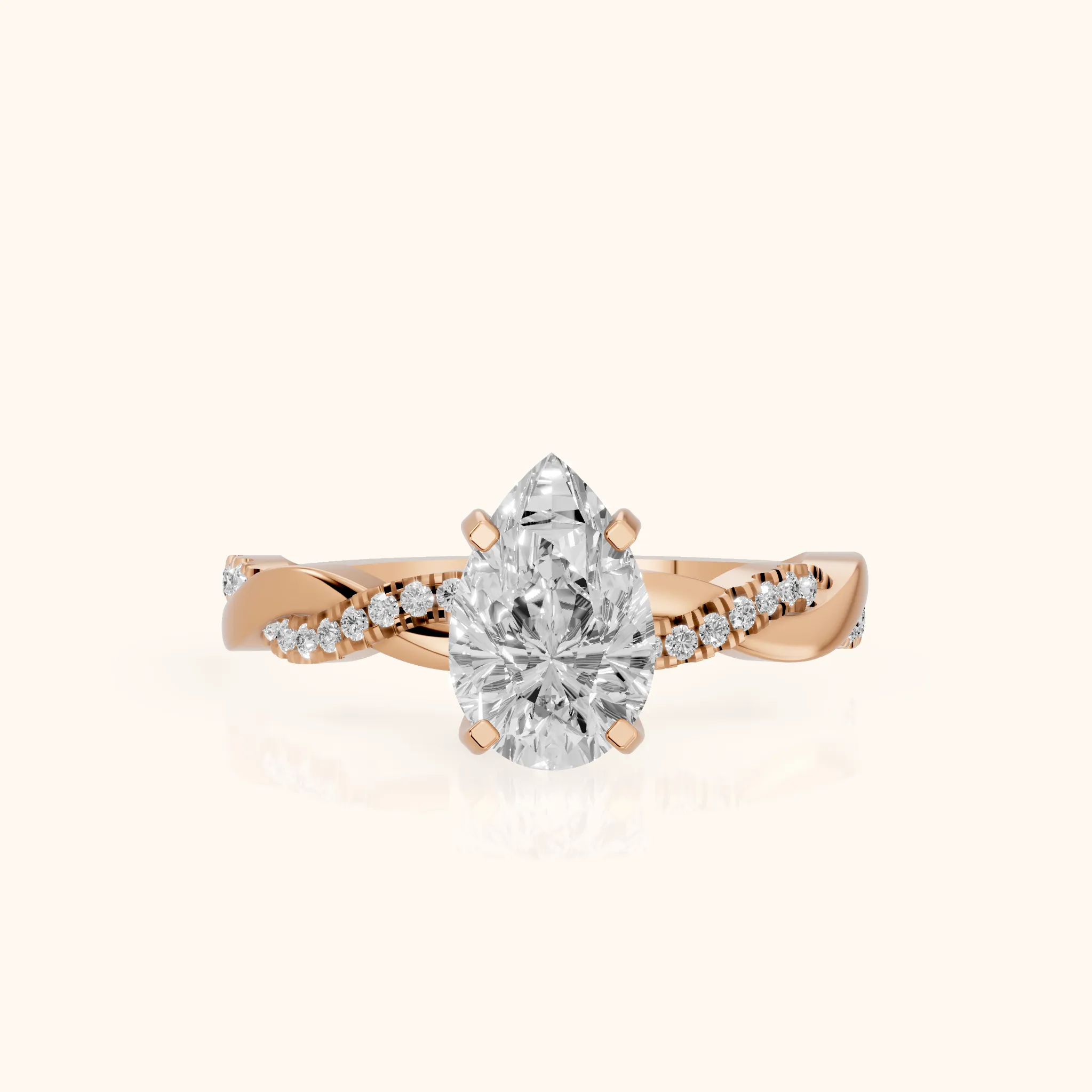 Bague de fiançailles en or rose avec diamant poire et pierre latérale torsadée — view 1