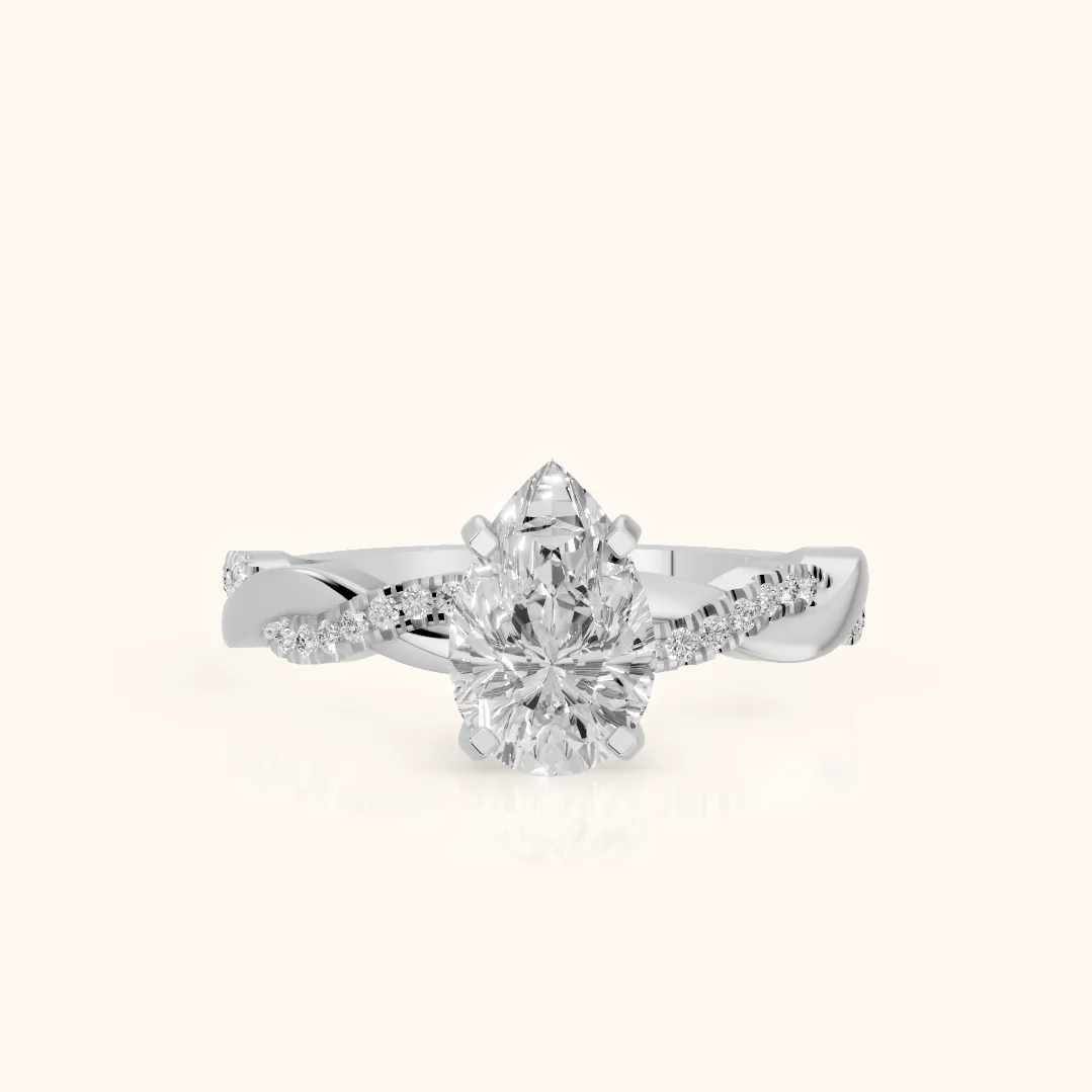 Bague de fiançailles en argent avec diamant poire et pierres latérales torsadées