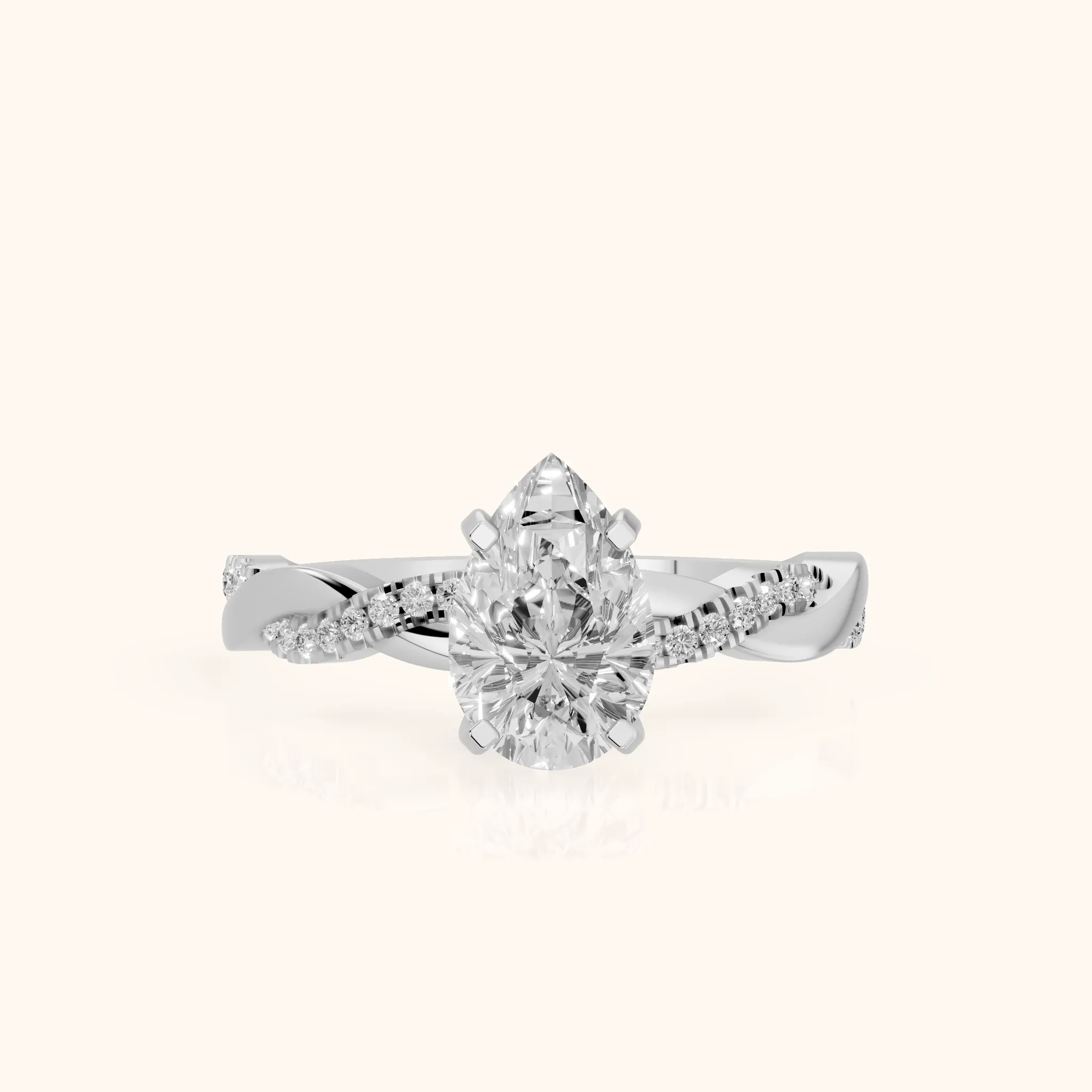 Bague de fiançailles en platine avec diamant poire et pierres latérales torsadées — view 1