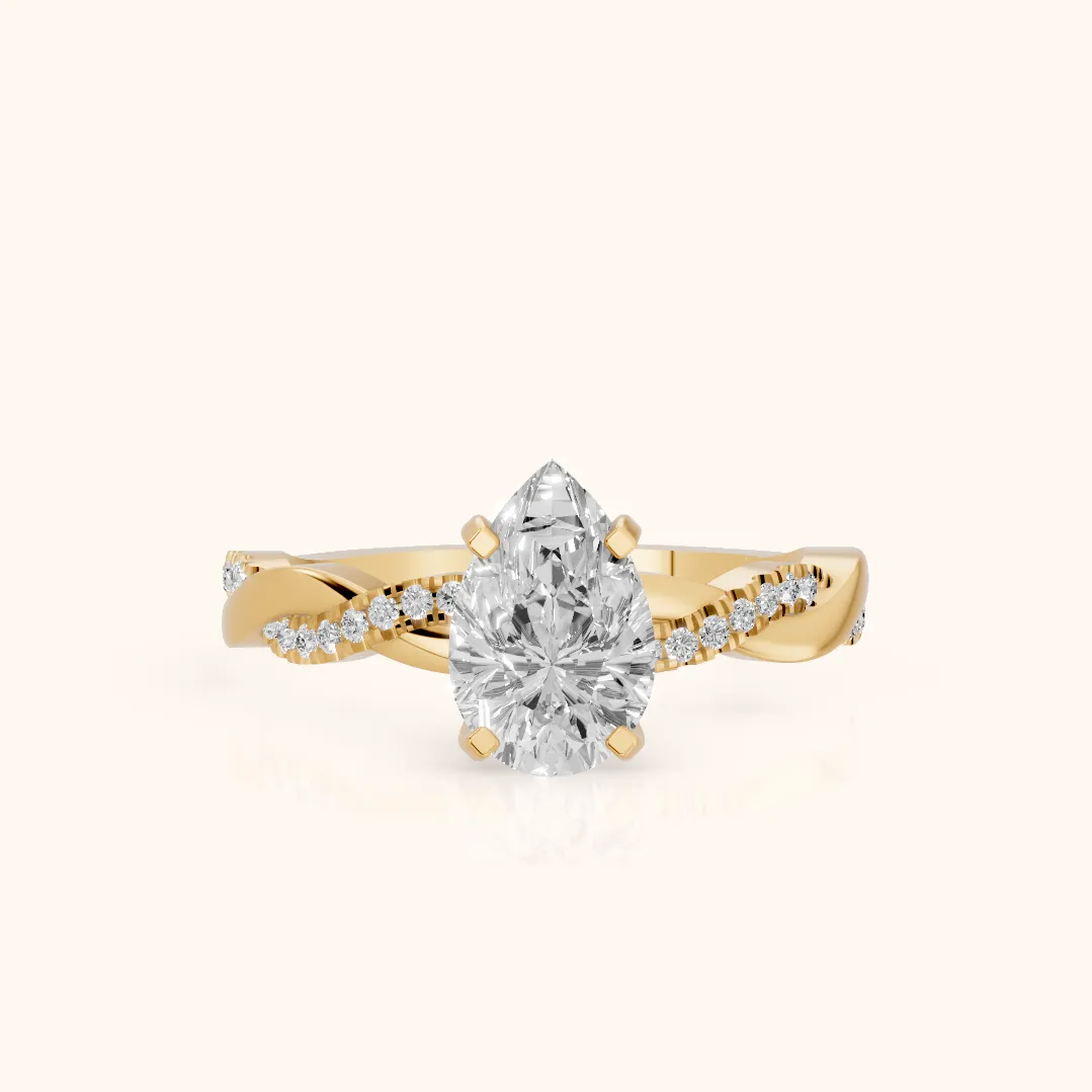 Bague de Fiançailles Diamant Poire à Serti Latéral Entrelacé en Or Jaune