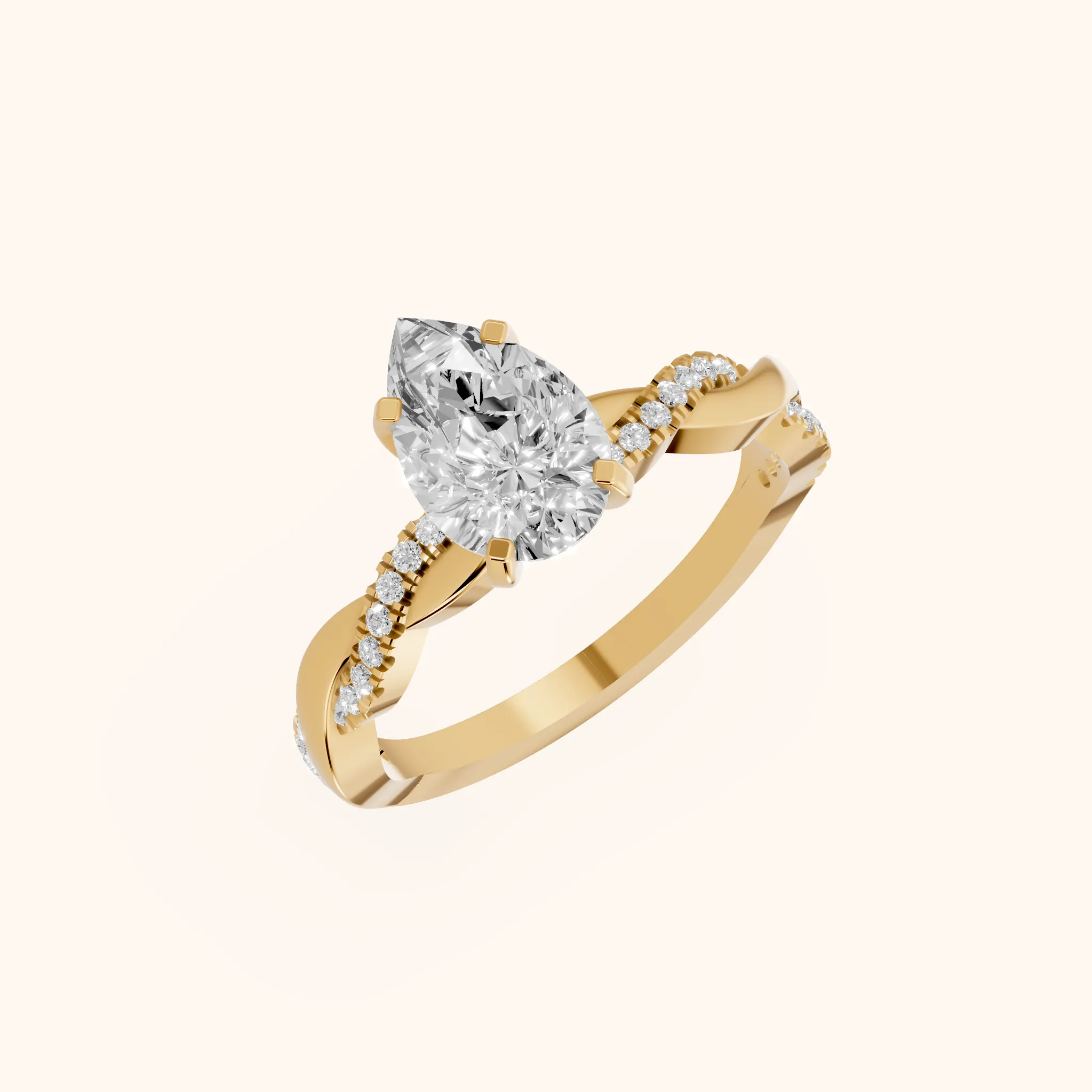 Bague de Fiançailles Diamant Poire à Serti Latéral Entrelacé en Or Jaune