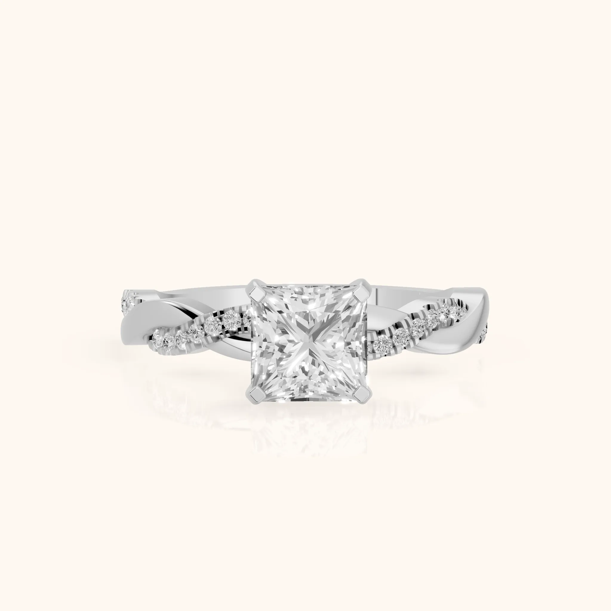 Bague de fiançailles en platine avec diamant taille princesse et pierres latérales torsadées — view 1