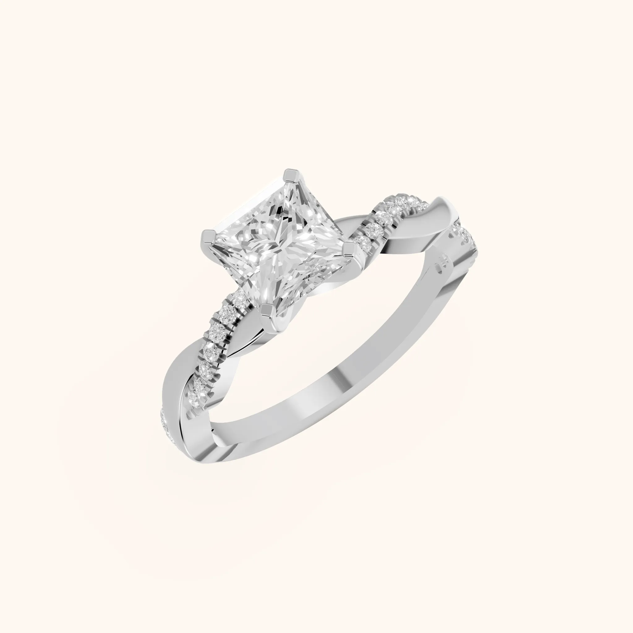 Twisted Side Stone Princess Diamond Engagement Ring in Silver