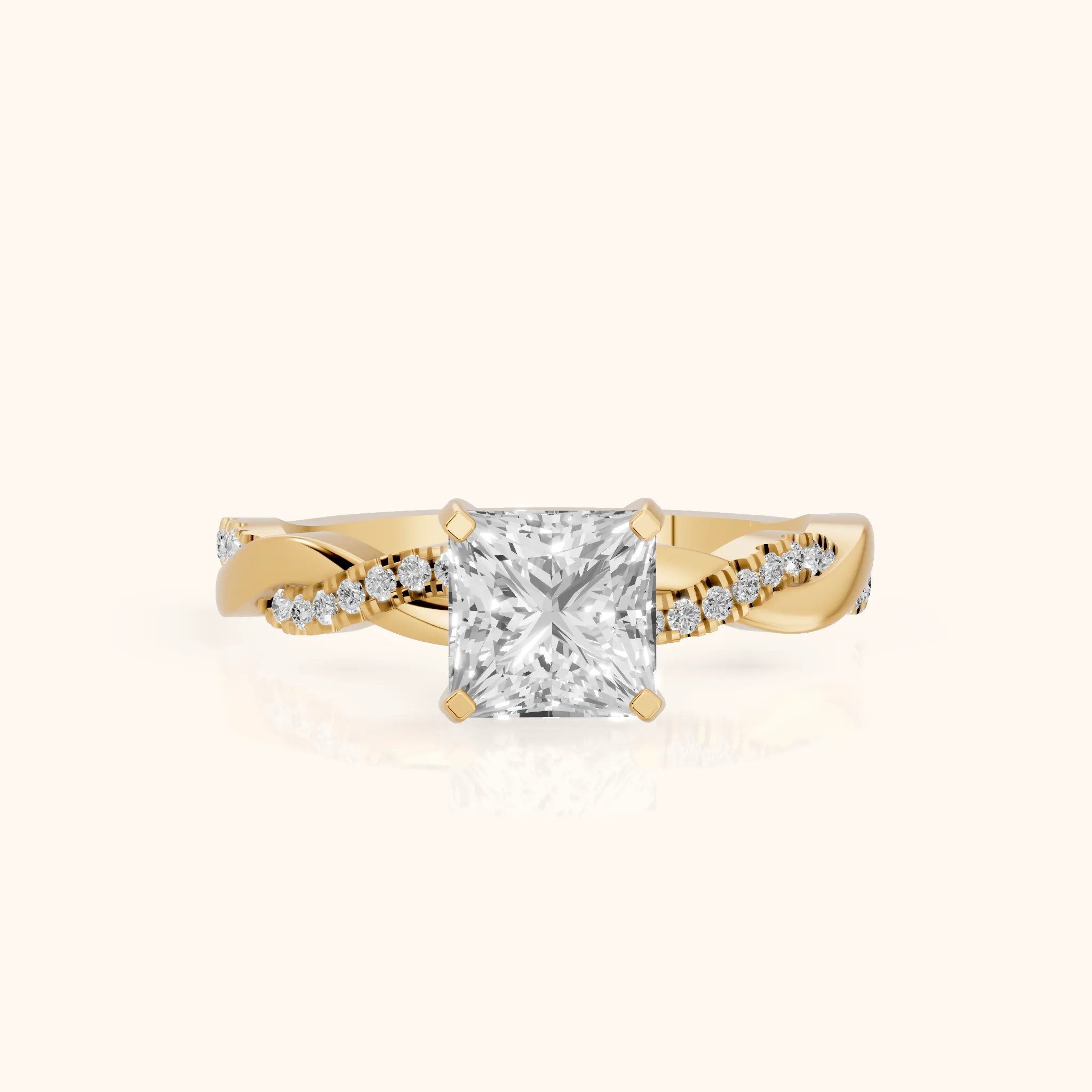 Bague de Fiançailles Diamant Princesse avec Pierre Latérale Torsadée en Or Jaune — view 1