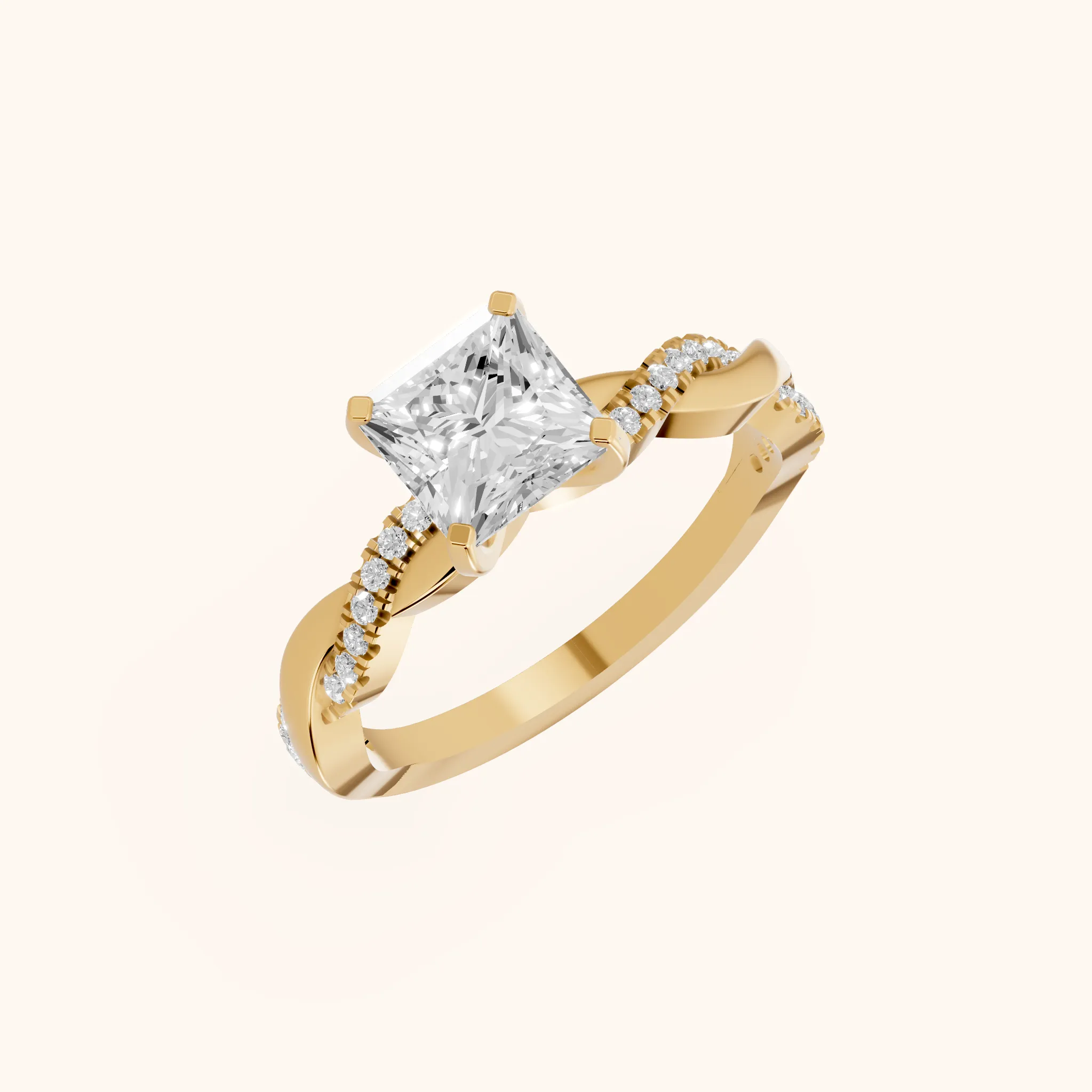 Bague de Fiançailles Diamant Princesse avec Pierre Latérale Torsadée en Or Jaune