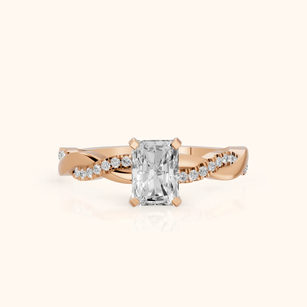 Bague de Fiançailles en Or Rose avec Diamant Radiant et Anneau Torsadé