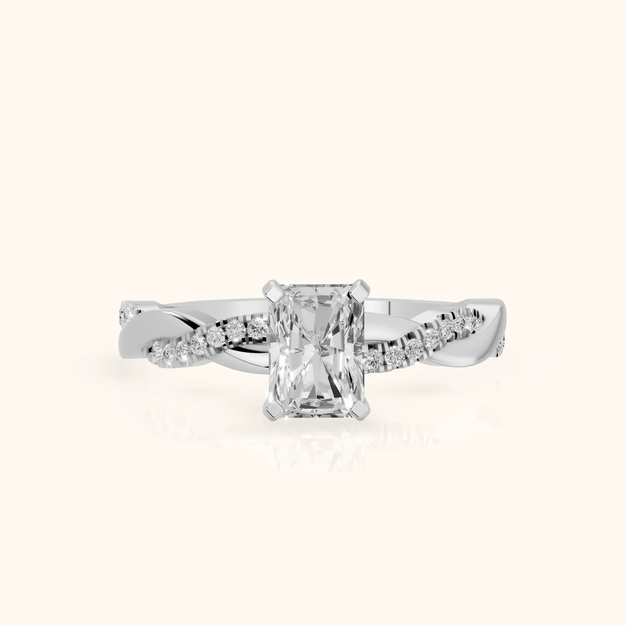 Bague de Fiançailles Diamant Radiant en Platine avec Pierre Latérale Torsadée — view 1