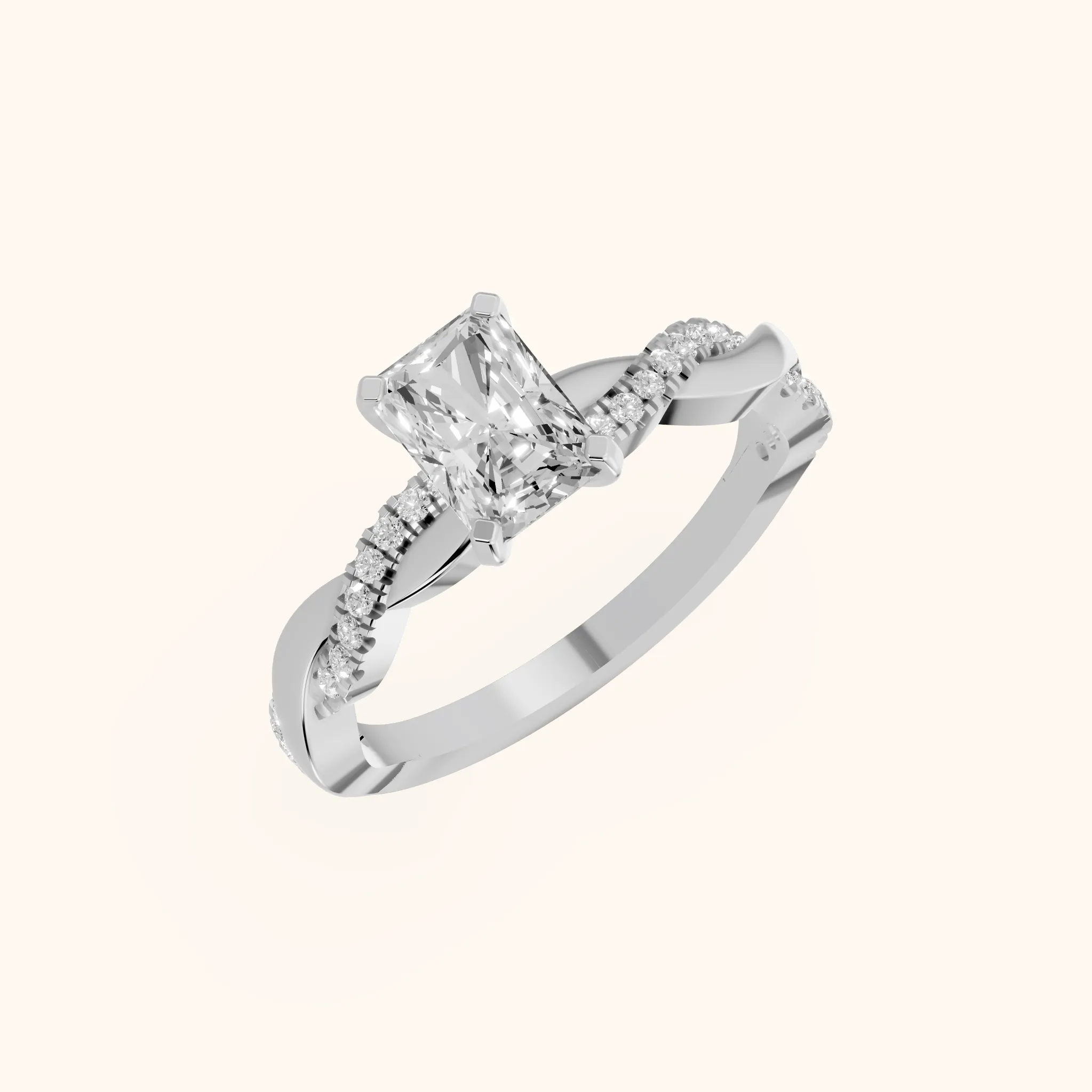 Twisted Side Stone Radiant Diamond Engagement Ring in Silver