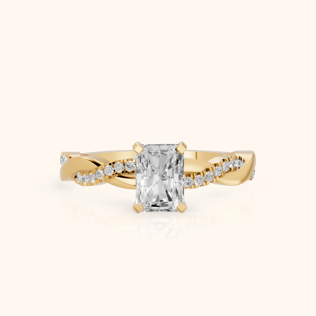Bague de Fiançailles en Or Jaune avec Diamant Radiant et Anneau Torsadé