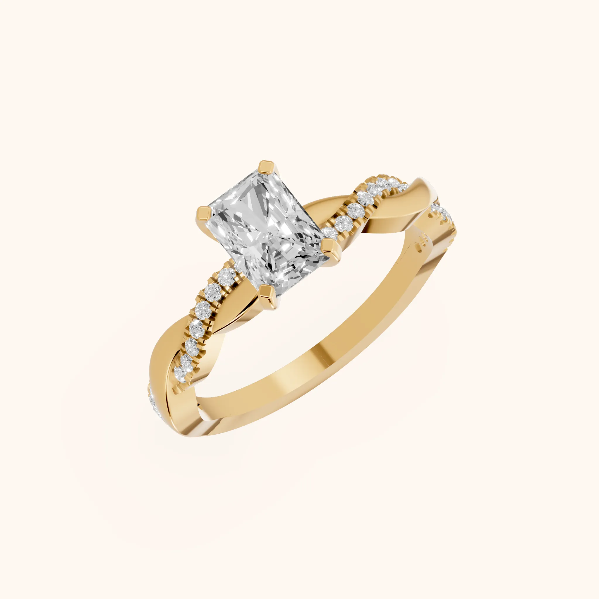 Bague de Fiançailles en Or Jaune avec Diamant Radiant et Anneau Torsadé