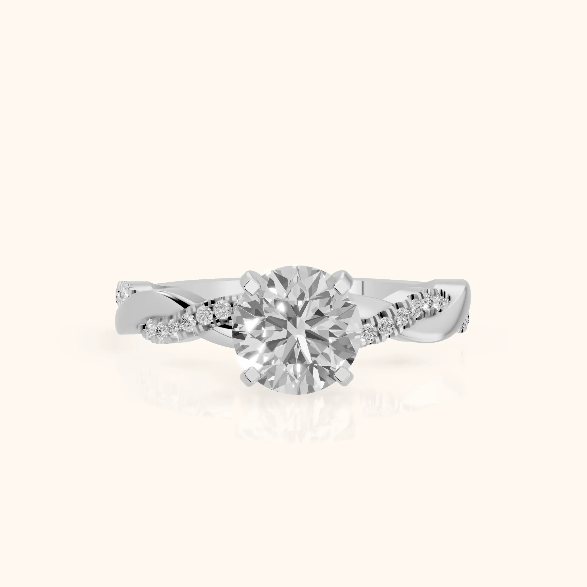 Bague de fiançailles en platine avec diamant rond et pierre latérale torsadée — view 1