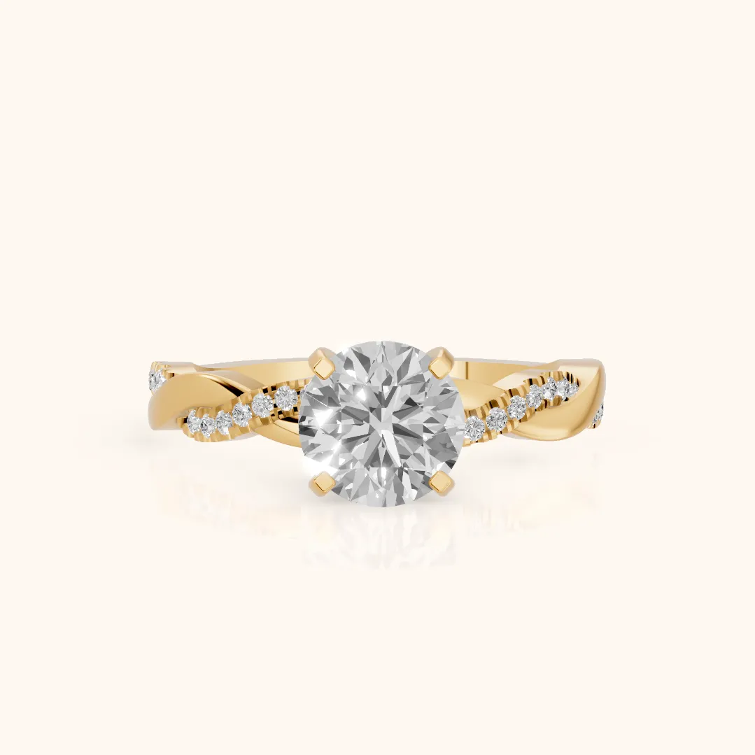 Bague de Fiançailles Diamant Rond avec Pierre Latérale Torsadée en Or Jaune