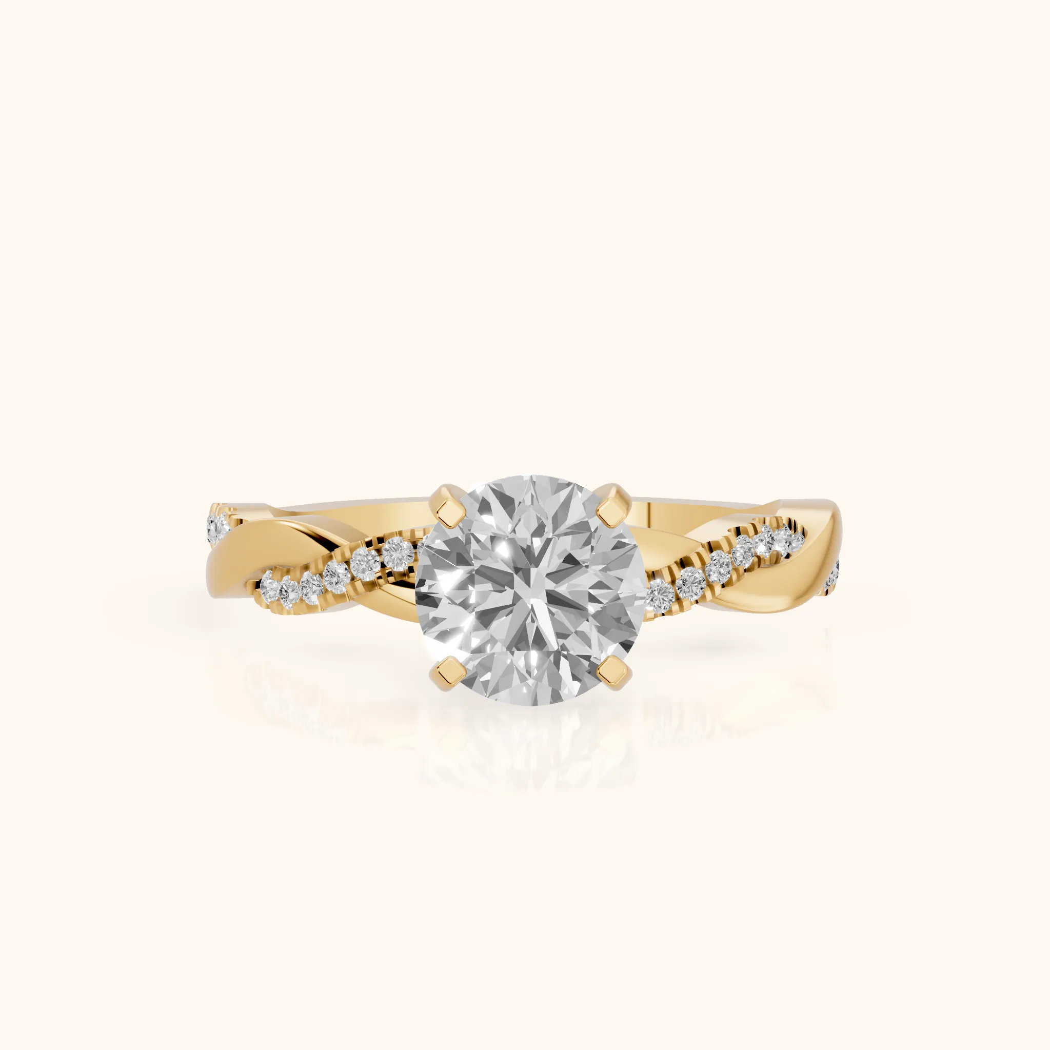 Bague de Fiançailles Diamant Rond avec Pierre Latérale Torsadée en Or Jaune — view 1