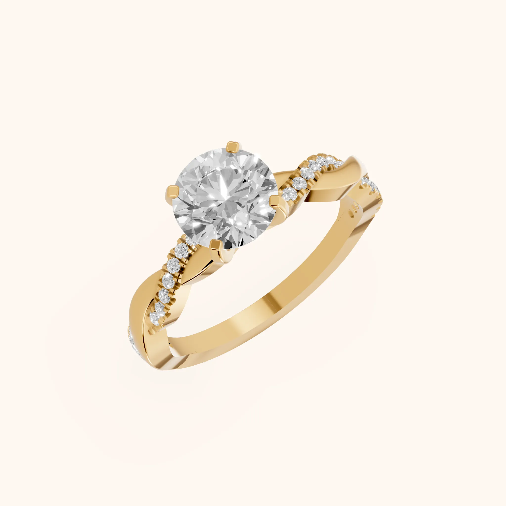 Bague de Fiançailles Diamant Rond avec Pierre Latérale Torsadée en Or Jaune