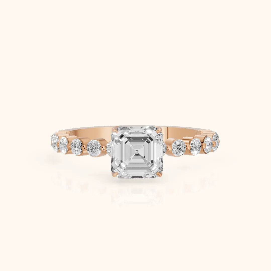 Eleanor Majesty Side Stone Asscher Diamond Engagement Ring in Rose Gold — view 2