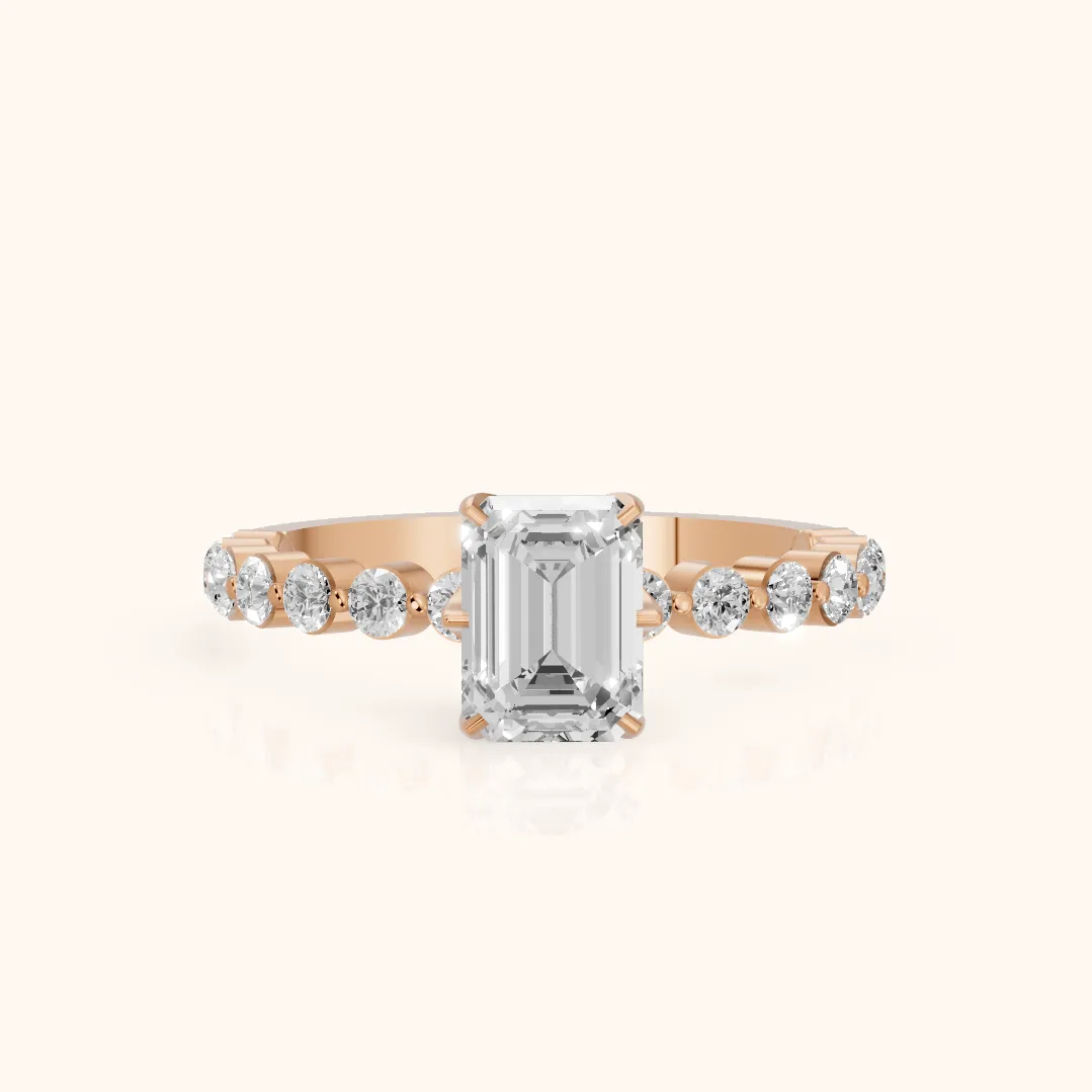 Eleanor Majesty Side Stone Emerald Diamond Engagement Ring in Rose Gold — view 2