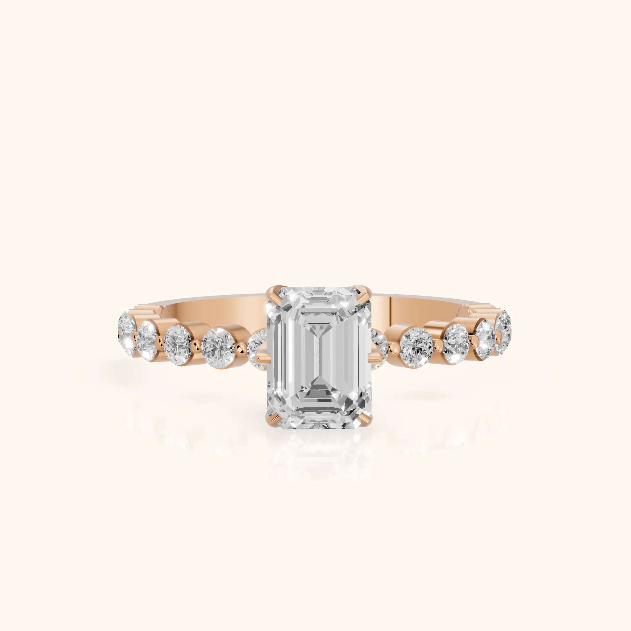 Eleanor Majesty Side Stone Emerald Diamond Engagement Ring in Rose Gold — view 1