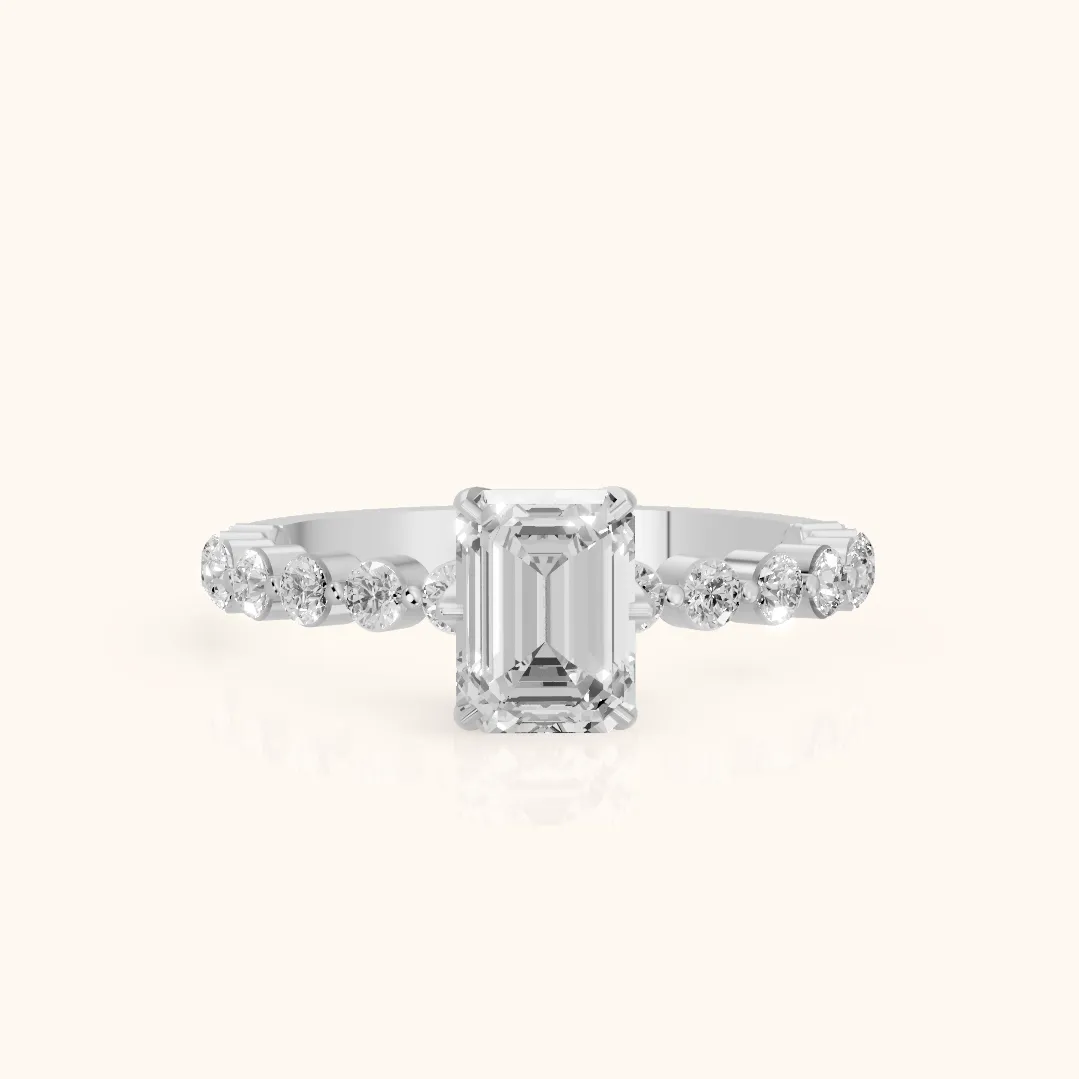 Eleanor Majesty Side Stone Emerald Diamond Engagement Ring in Platinum — view 2