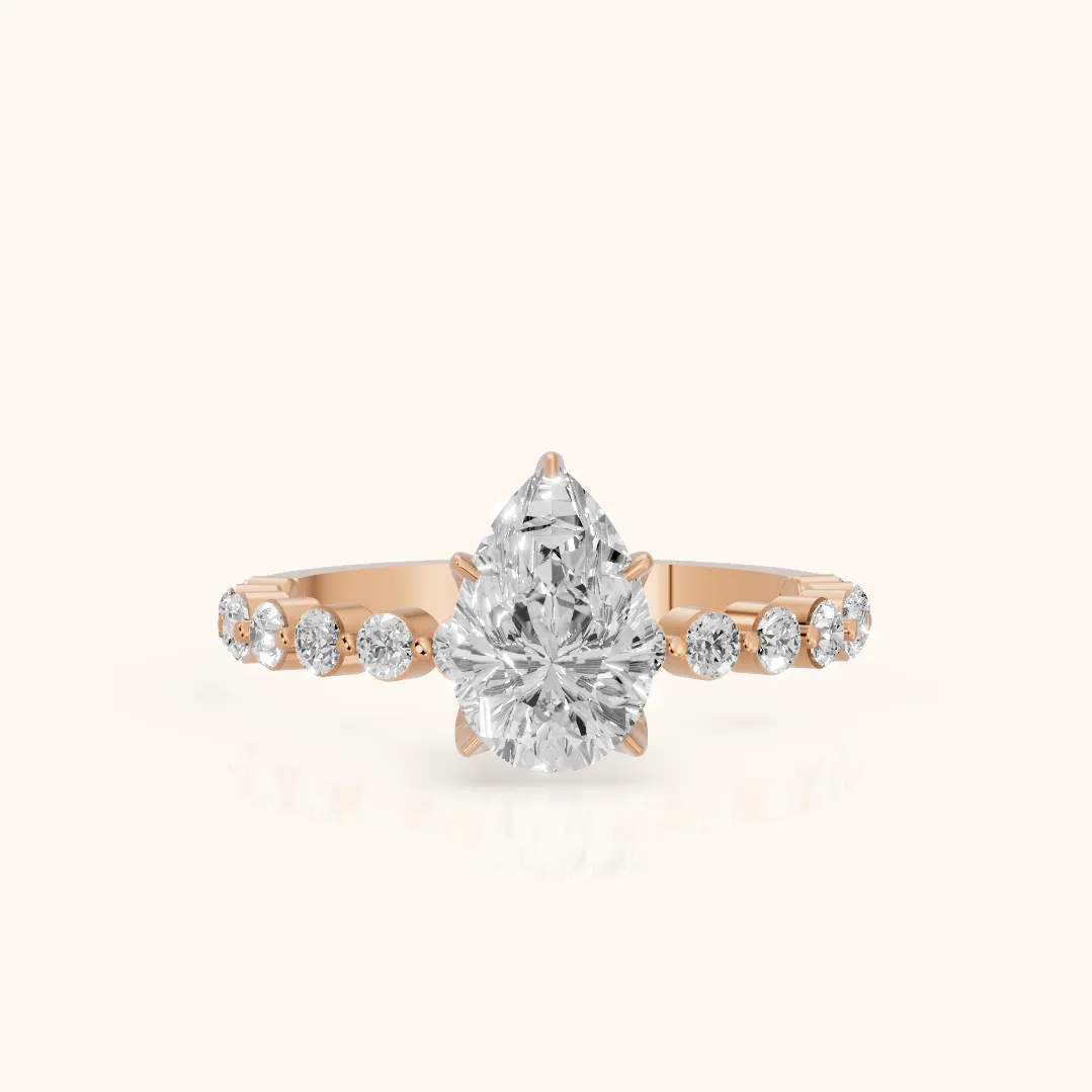 Eleanor Majesty Side Stone Pear Diamond Engagement Ring in Rose Gold — view 2