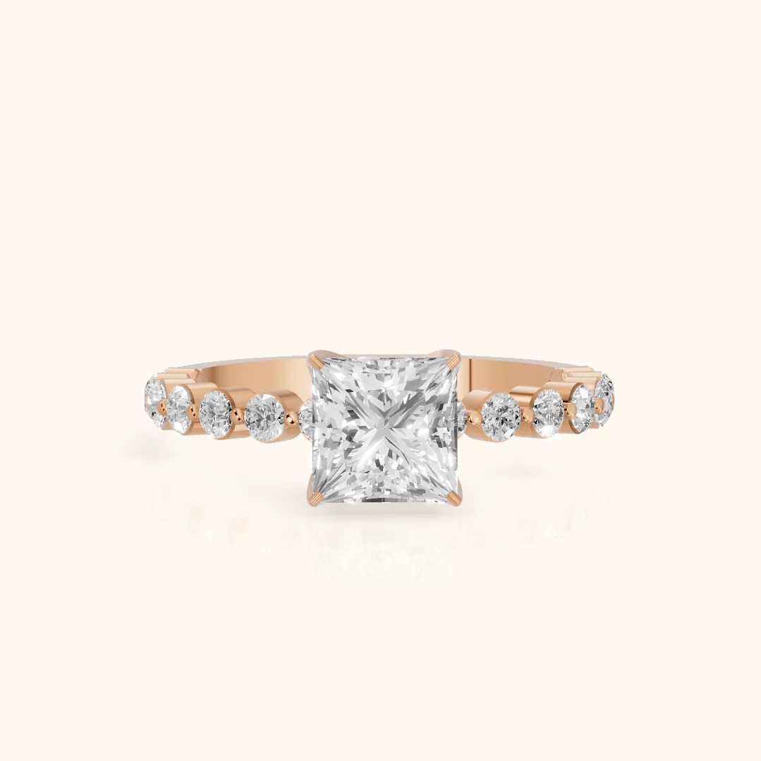 Eleanor Majesty Side Stone Princess Diamond Engagement Ring in Rose Gold — view 2