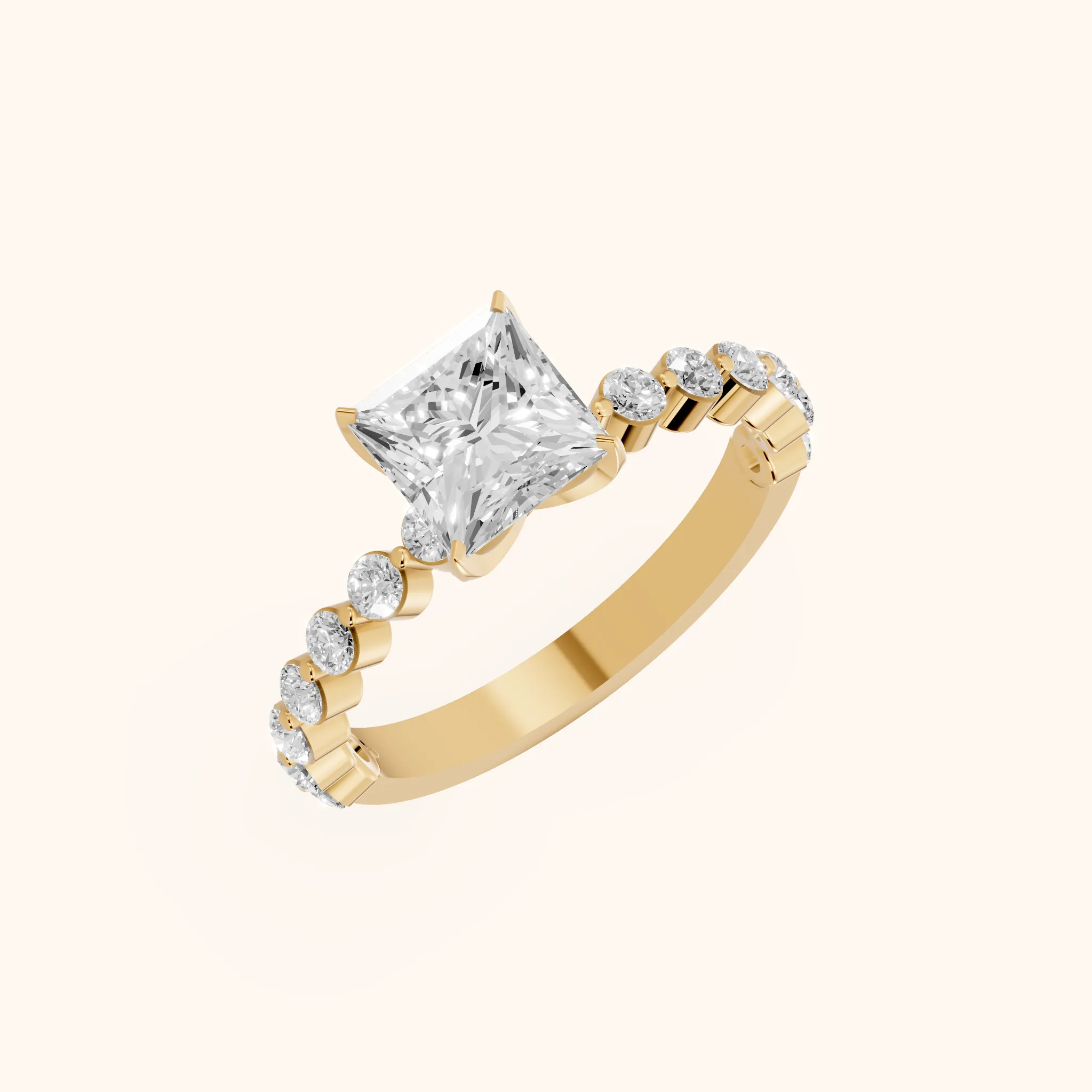 Bague de Fiançailles Eleanor Majesty en Or Jaune, Diamant Princesse et Pierres Latérales