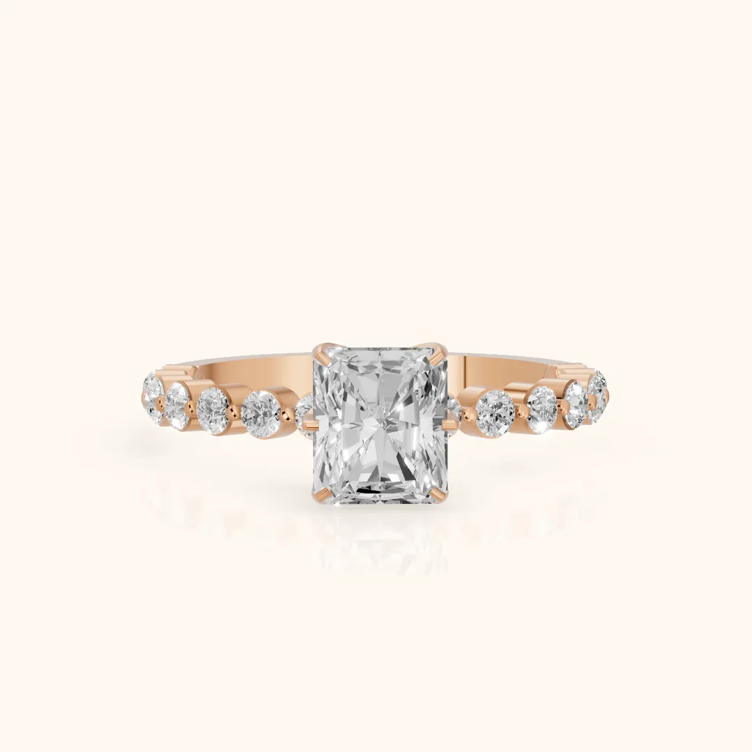 Eleanor Majesty Side Stone Radiant Diamond Engagement Ring in Rose Gold — view 2