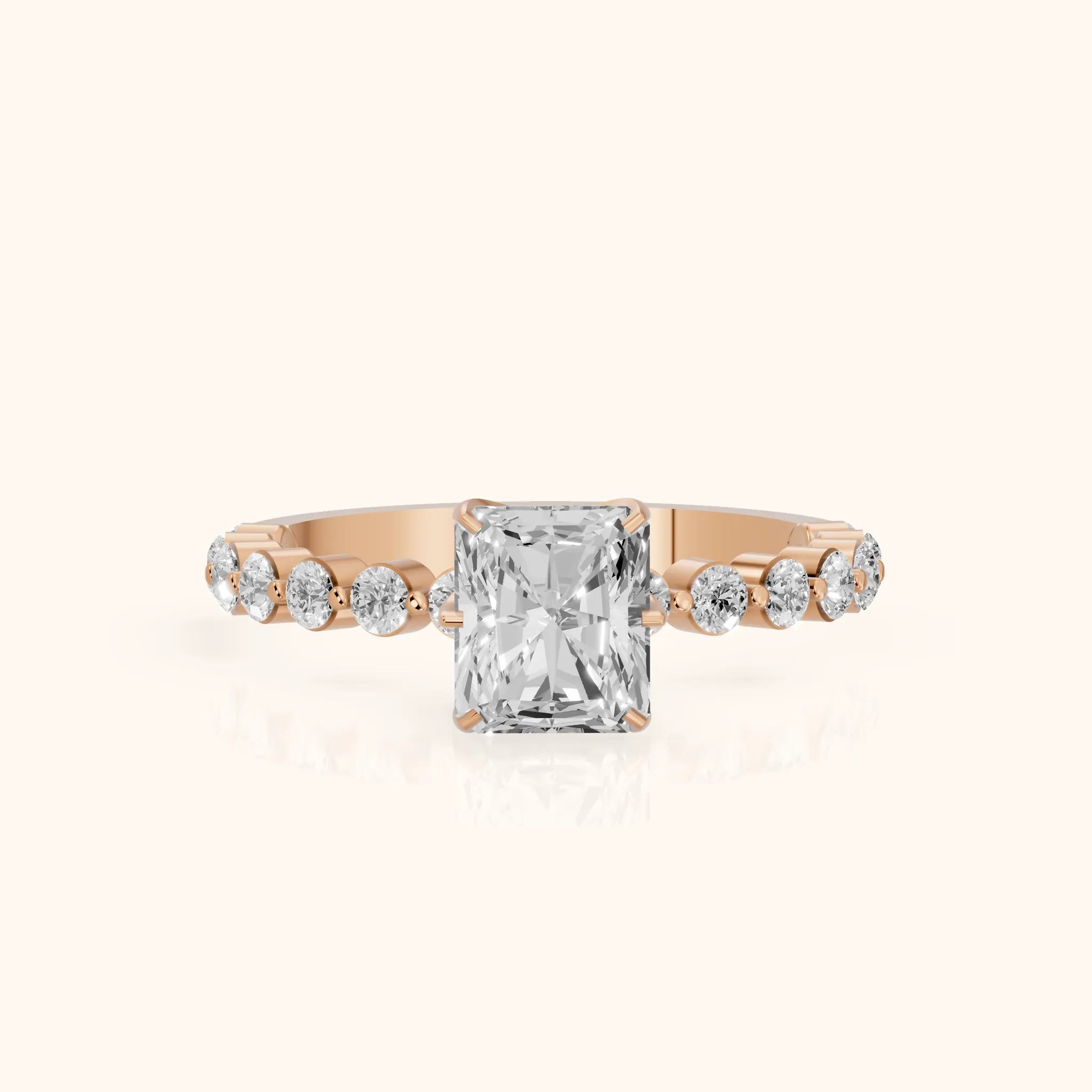 Eleanor Majesty Side Stone Radiant Diamond Engagement Ring in Rose Gold — view 1