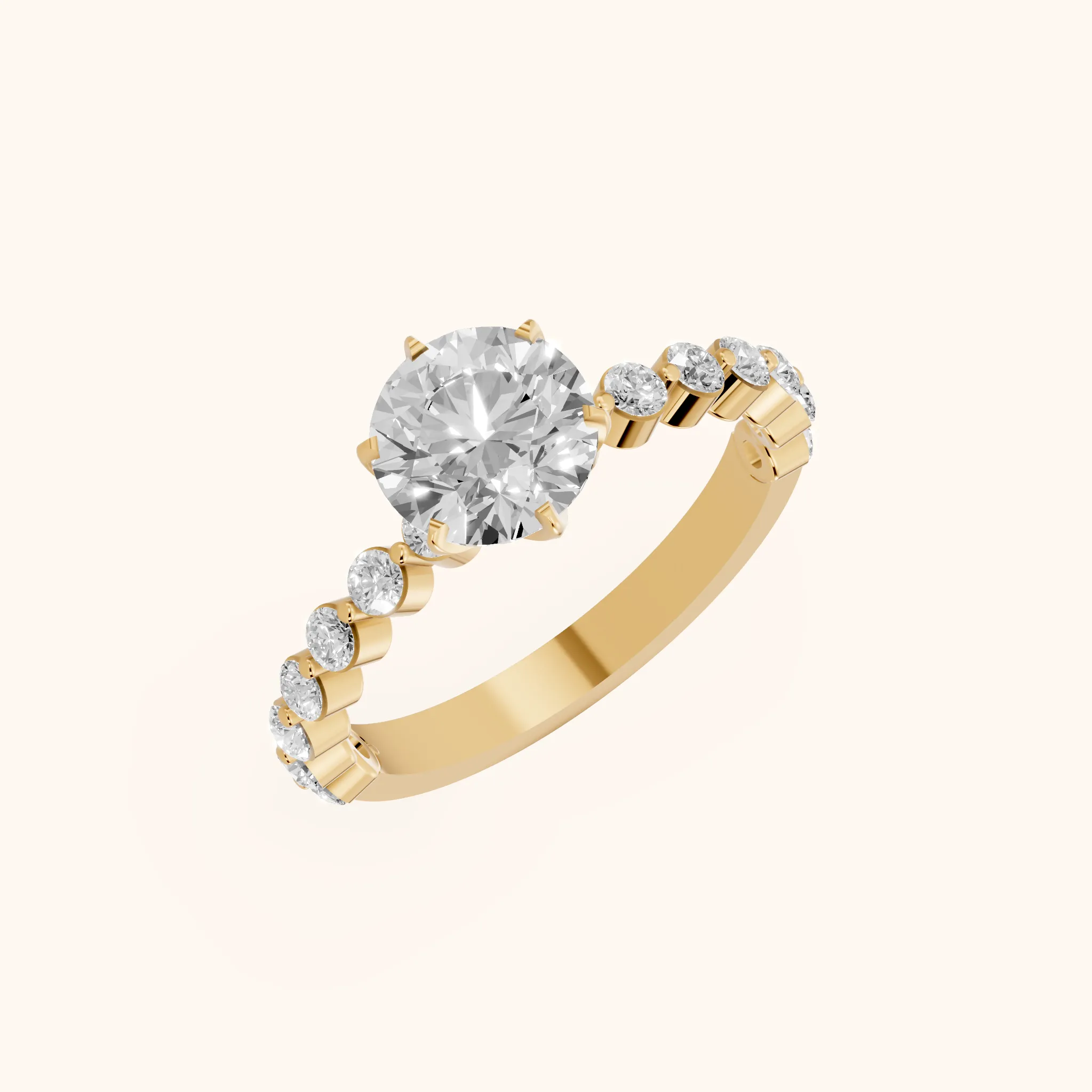 Bague de fiançailles en or jaune avec diamant rond et pierres latérales Eleanor Majesty