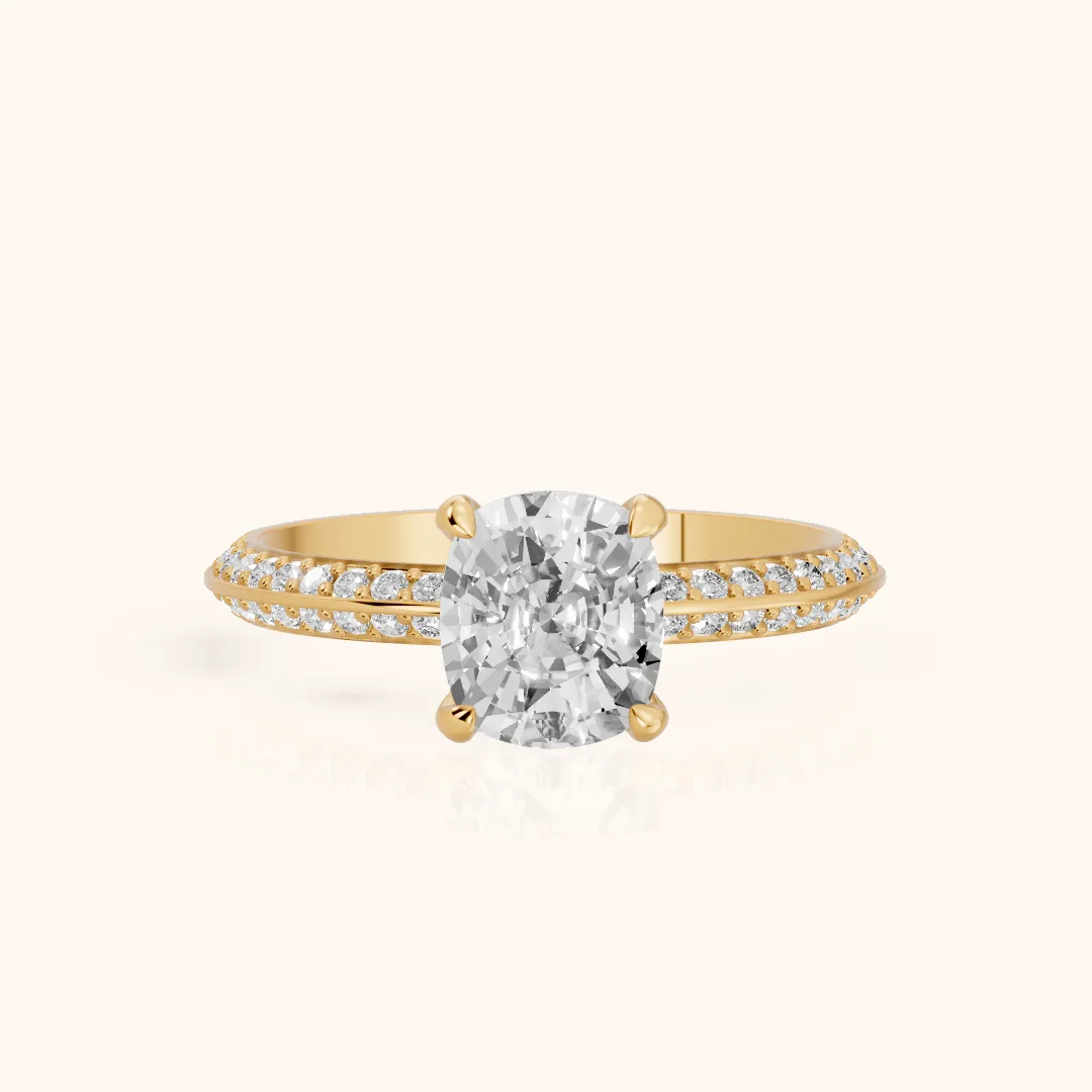 Meredith Knife Edge Pavé Cushion Diamond Engagement Ring in Yellow Gold — view 2