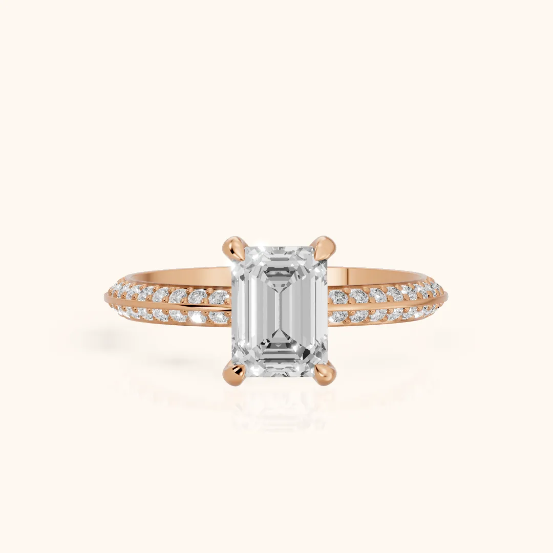 Meredith Knife Edge Pavé Emerald Diamond Engagement Ring in Rose Gold — view 2