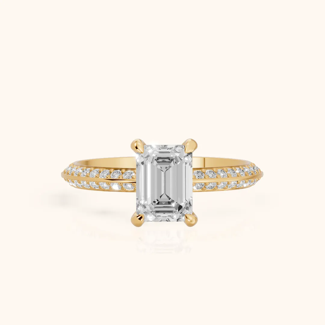 Meredith Knife Edge Pavé Emerald Diamond Engagement Ring in Yellow Gold — view 2