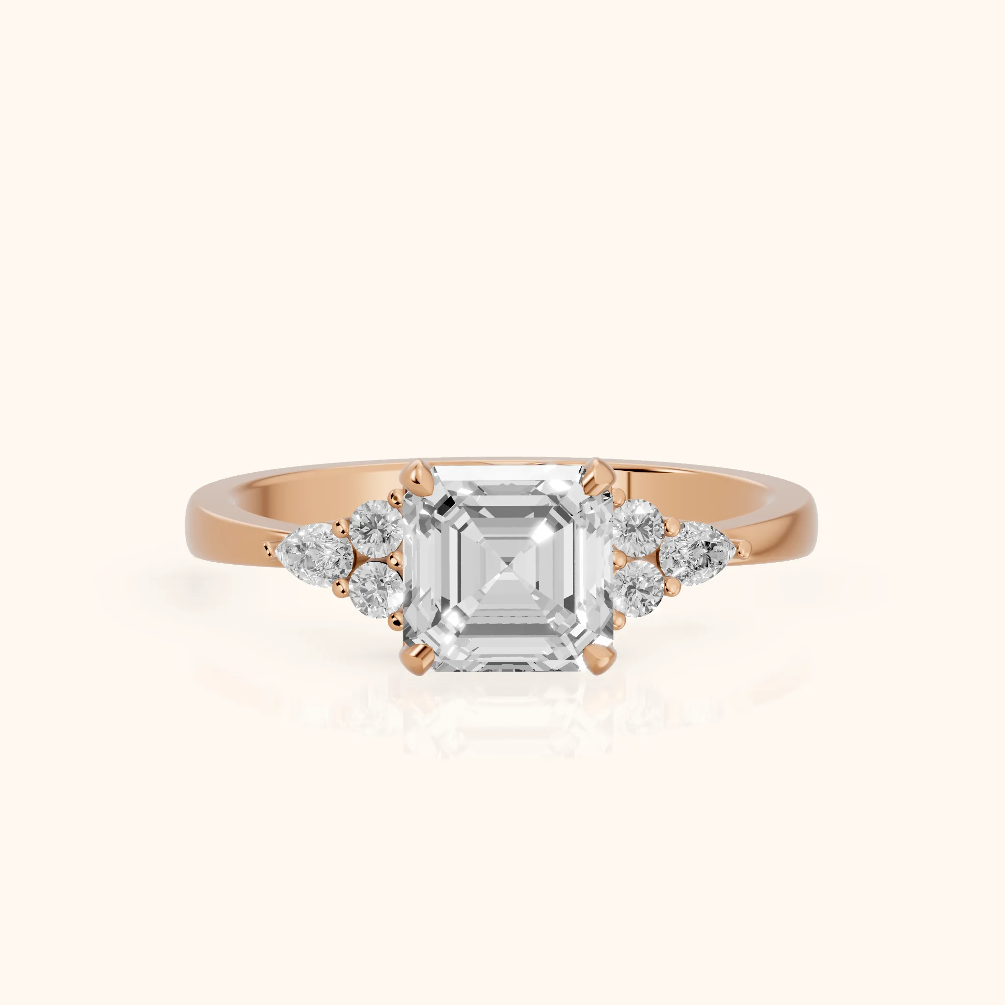 Amelia Three Stone Asscher Diamond Engagement Ring in Rose Gold — view 1