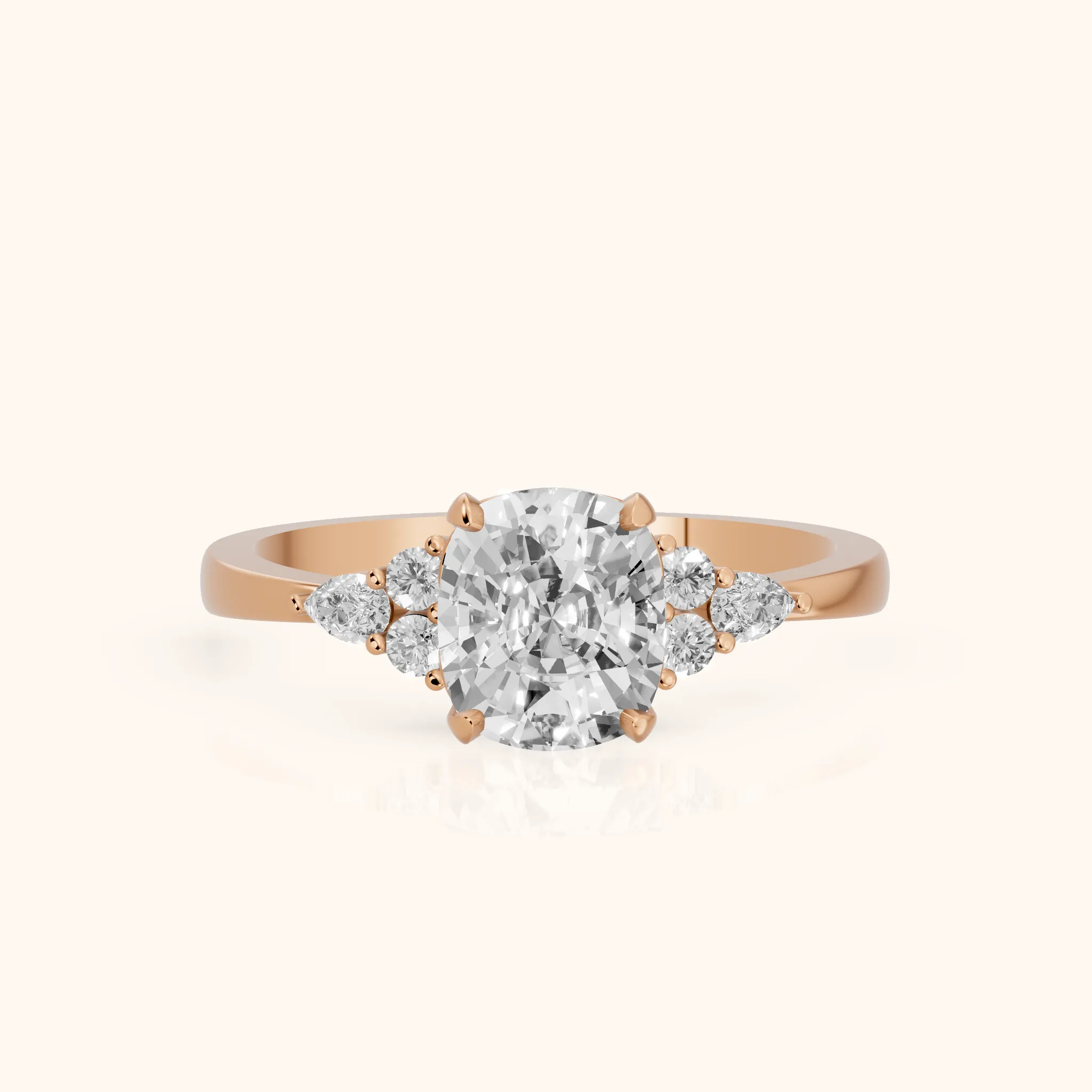 Amelia Three Stone Cushion Diamond Engagement Ring in Rose Gold — view 1