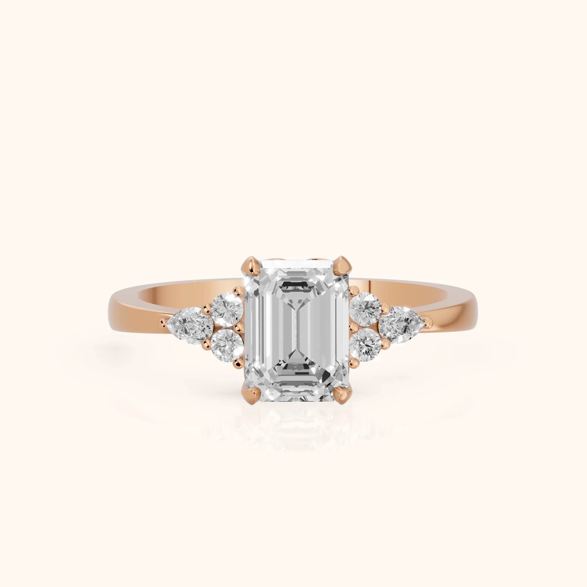 Amelia Three Stone Emerald Diamond Engagement Ring in Rose Gold — view 1