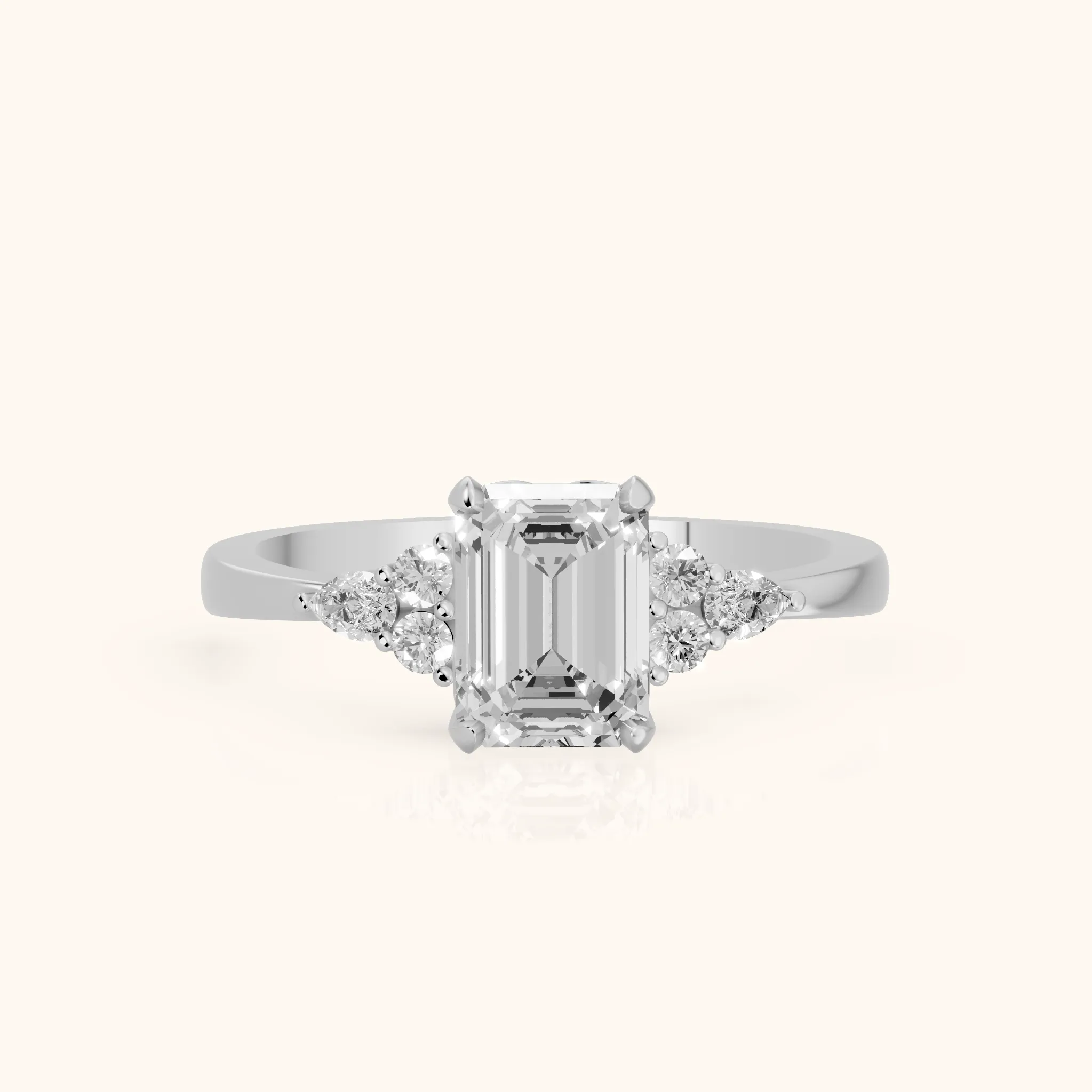 Amelia Three Stone Emerald Diamond Engagement Ring in Silver — view 1