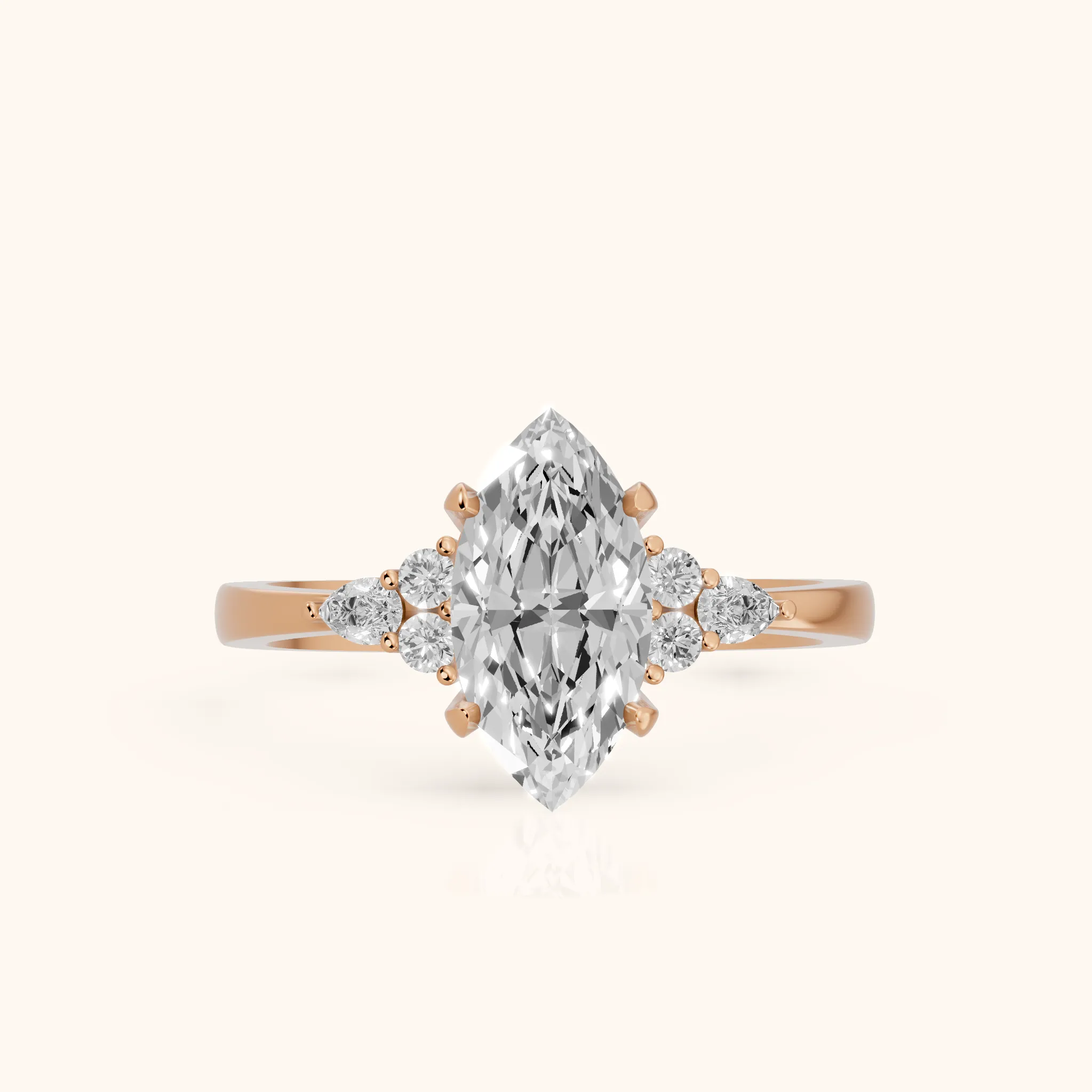 Amelia Three Stone Marquise Diamond Engagement Ring in Rose Gold — view 1